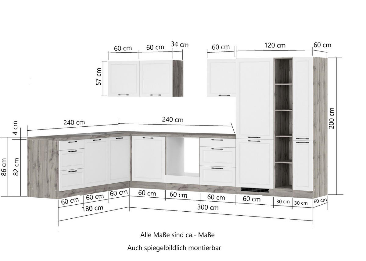 ECKKÜCHE 240/360 cm  in Weiss, Eiche Wotan  - Weiss/Eiche Wotan, Lifestyle, Holzwerkstoff/Metall (240/360cm) - Held