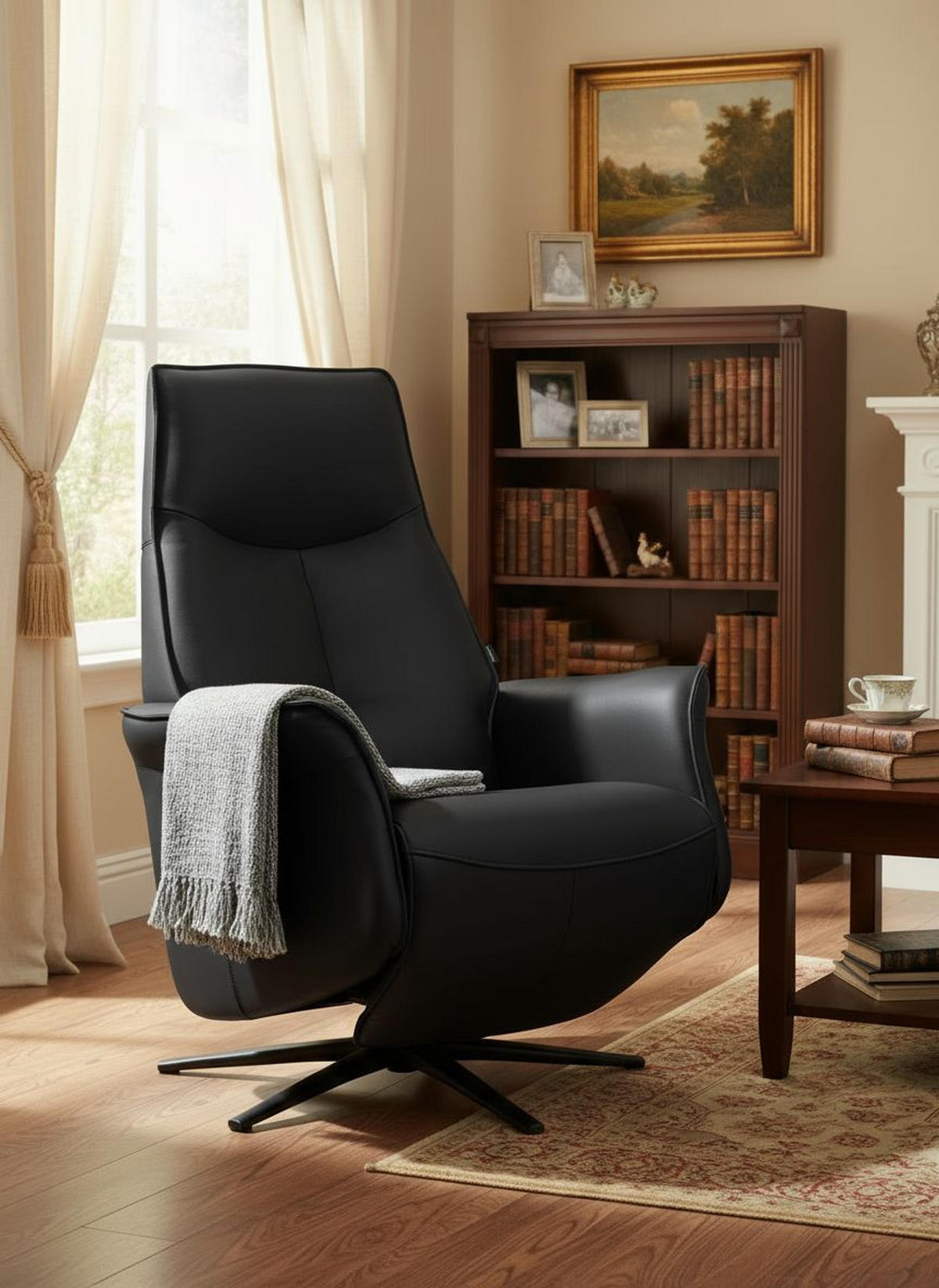 RELAXSESSEL Lederlook Echtleder    - Schwarz, Design, Leder/Holz (79/110/83cm) - Livetastic