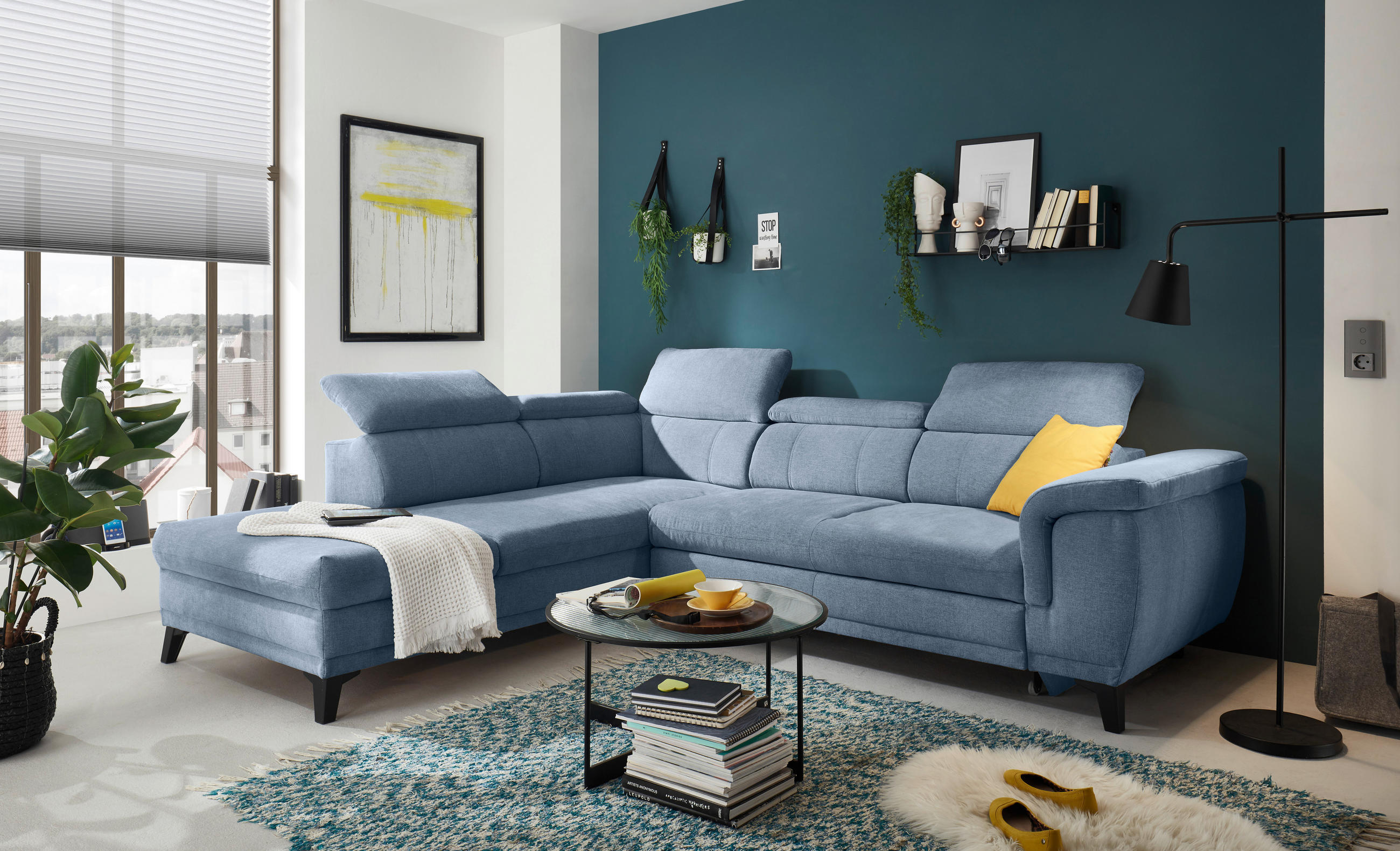ECKSOFA Blau Mikrovelours  - Blau/Schwarz, MODERN, Kunststoff/Textil (231/274cm) - Carryhome