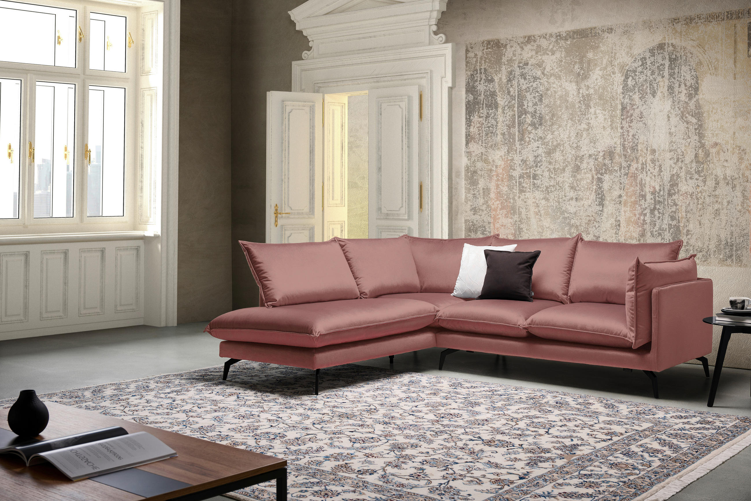 ECKSOFA in Samt Altrosa  - Schwarz/Altrosa, Design, Textil/Metall (200/241cm) - Carryhome