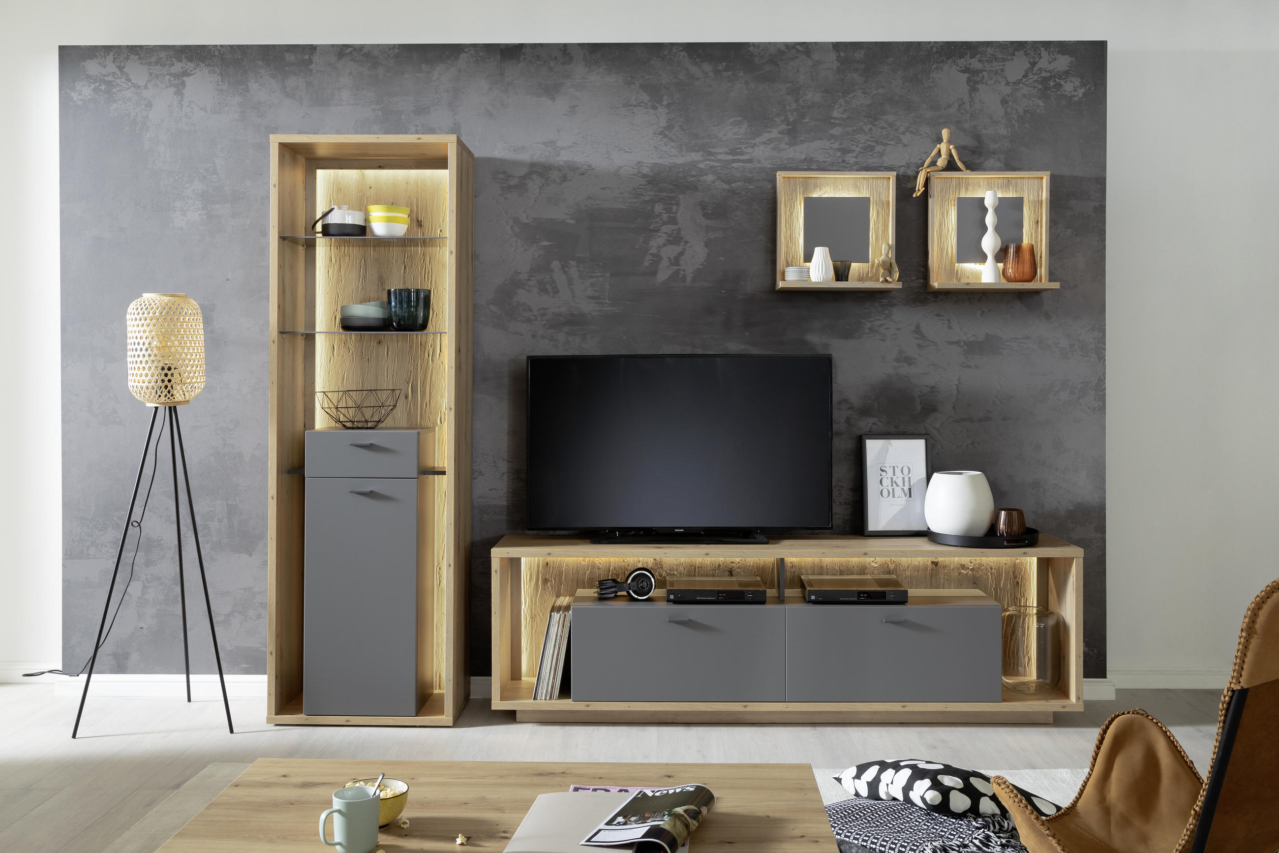 WOHNWAND  in Grau, Eichefarben  286/209/40 cm  - Eichefarben/Grau, Design, Glas/Holzwerkstoff (286/209/40cm) - MID.YOU