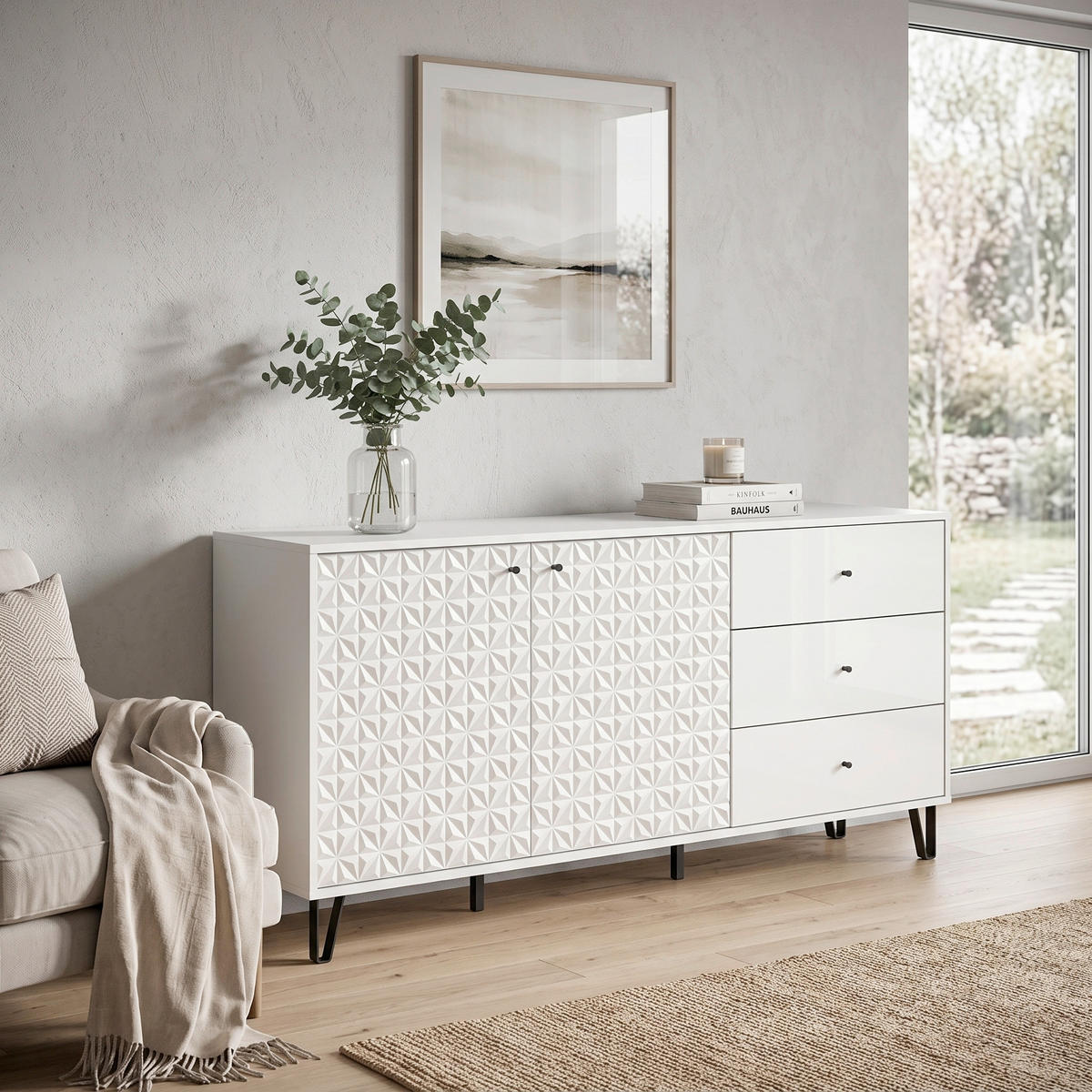KOMODA   170/76/40 cm   bijela visoki sjaj  - bijela visoki sjaj/crna, Design, drvni materijal/metal (170/76/40cm) - Livetastic
