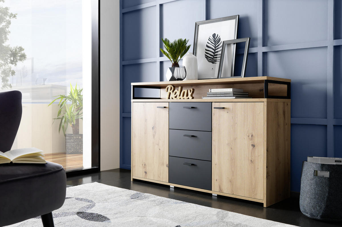 KOMMODE  in 134/88/38 cm  - Eichefarben/Schwarz, KONVENTIONELL, Holzwerkstoff/Kunststoff (134/88/38cm) - Xora