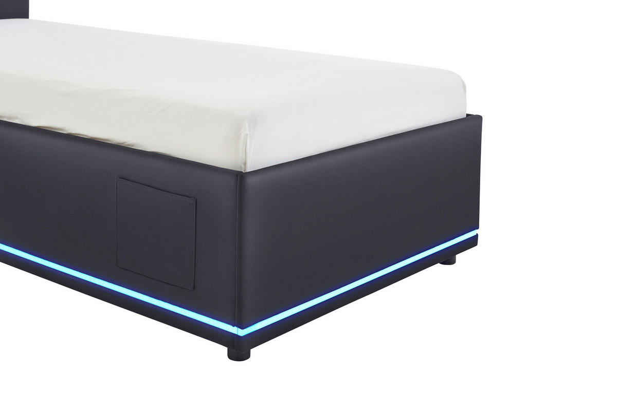 POLSTERBETT 90/200 cm,  in Schwarz, Beleuchtung, Lattenrost, Bettkasten,  - Birkefarben/Buchefarben, Design, Holz/Kunststoff (90/200cm) - Xora