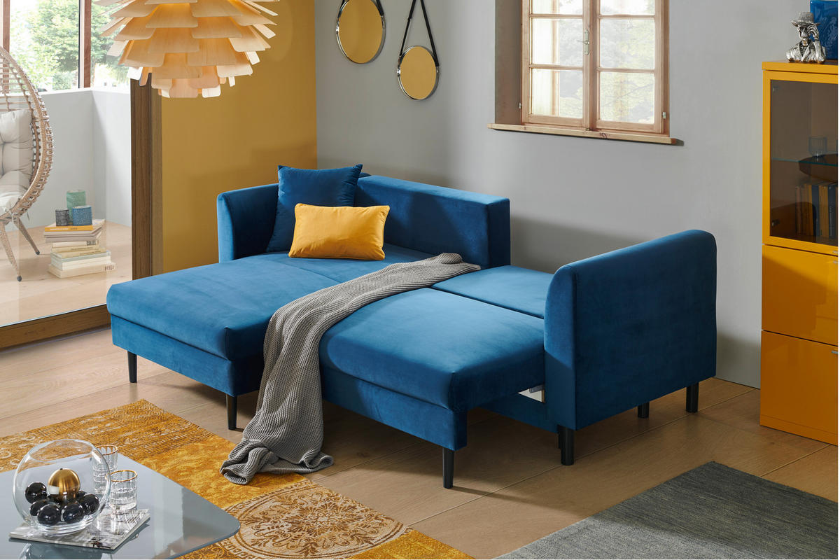 ECKSOFA Blau Velours  - Blau/Schwarz, Design, Holz/Textil (235/165cm) - Ti'me
