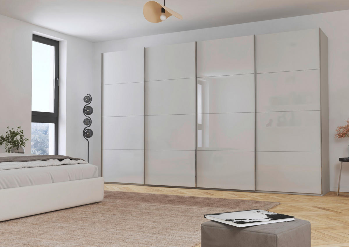 SCHWEBETÜRENSCHRANK 361/223/68 cm 4-türig Seidengrau  - Chromfarben/Seidengrau, Design, Glas/Holzwerkstoff (361/223/68cm) - Novel