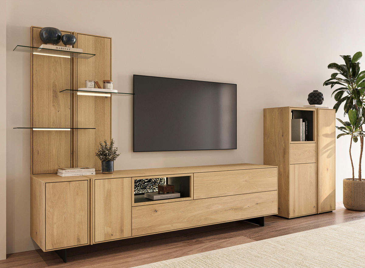 WOHNWAND  Eichefarben 347/182,8/50 cm  - Eichefarben/Schwarz, Natur, Glas/Leder (347/182,8/50cm) - Cassando