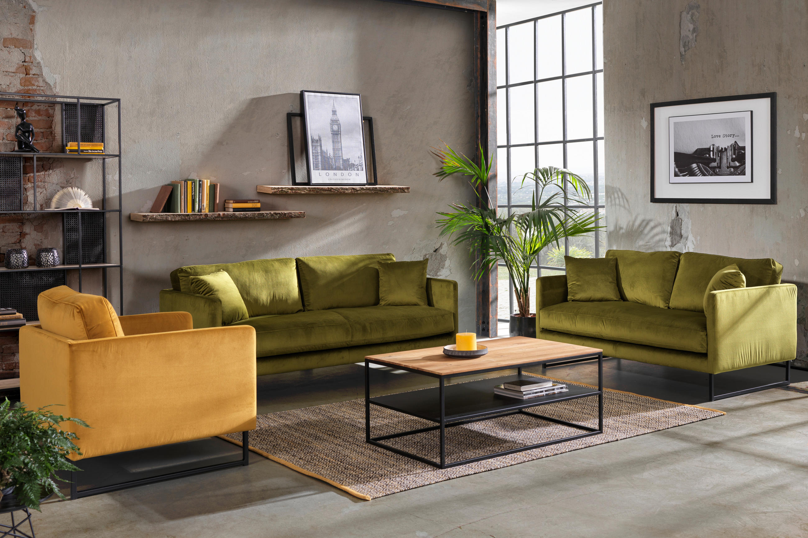2,5-SITS SOFFA i sammet grön  - grön/svart, Design, metall/textil (180/78/84cm) - Carryhome