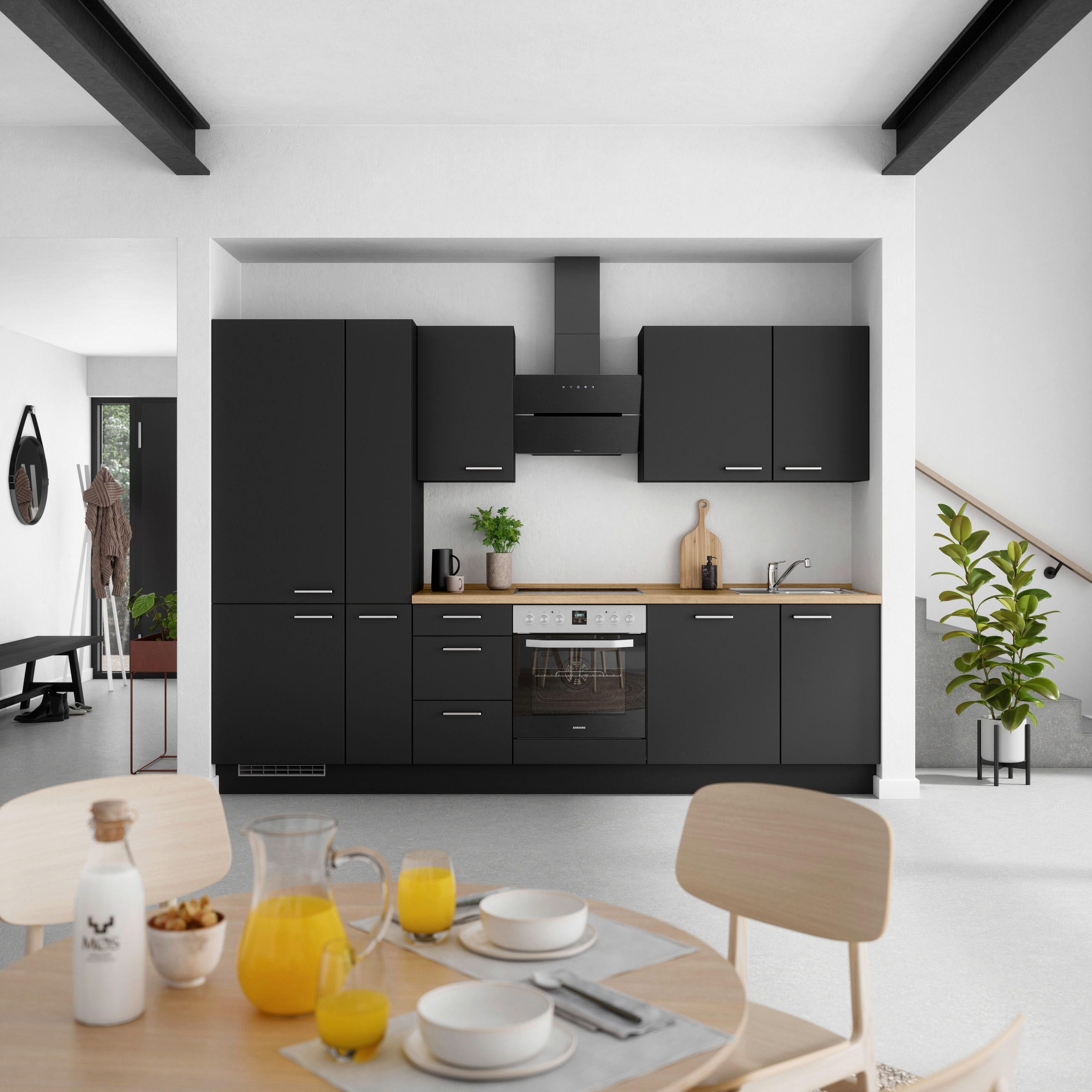 KÜCHENBLOCK 300 cm   in Schwarz, Eichefarben  - Edelstahlfarben/Eichefarben, MODERN, Holzwerkstoff/Metall (300cm) - Nobilia