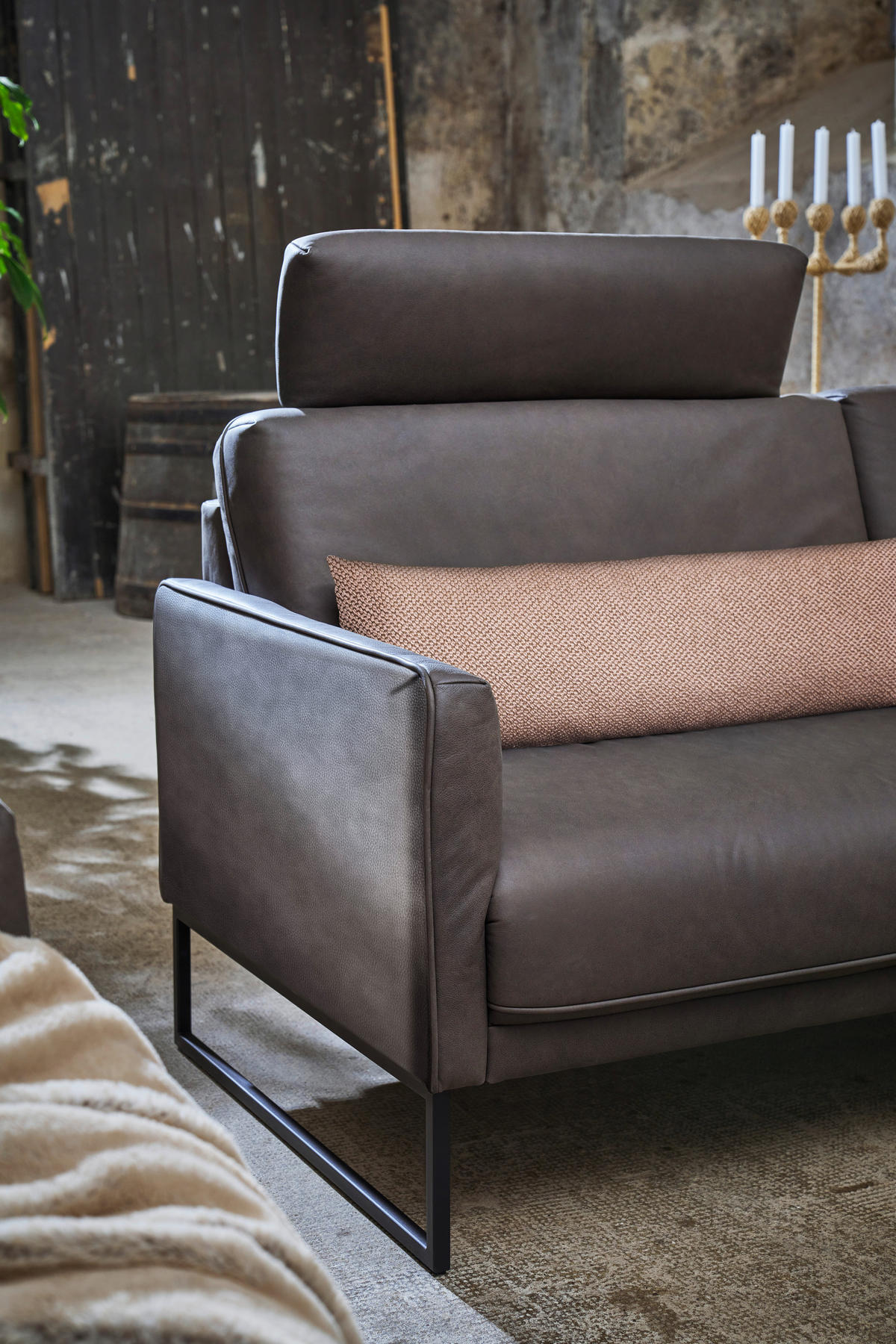 3-SITZER-SOFA in Echtleder Braun  - Anthrazit/Braun, Design, Leder/Metall (198/86/93cm) - Johann Jakob