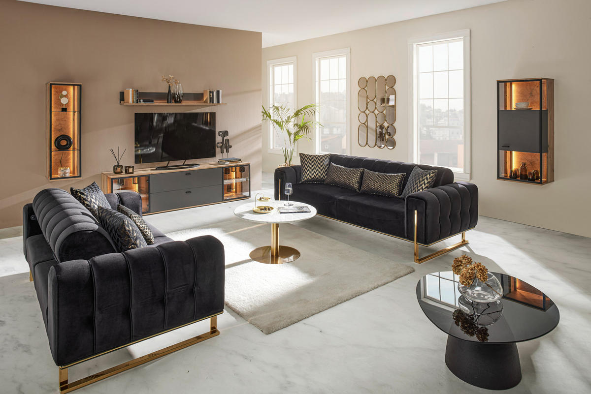 3-sitzer-sofa Aile, textil, negru - auriu/negru, Lifestyle, textil (244/80/90cm) - Based