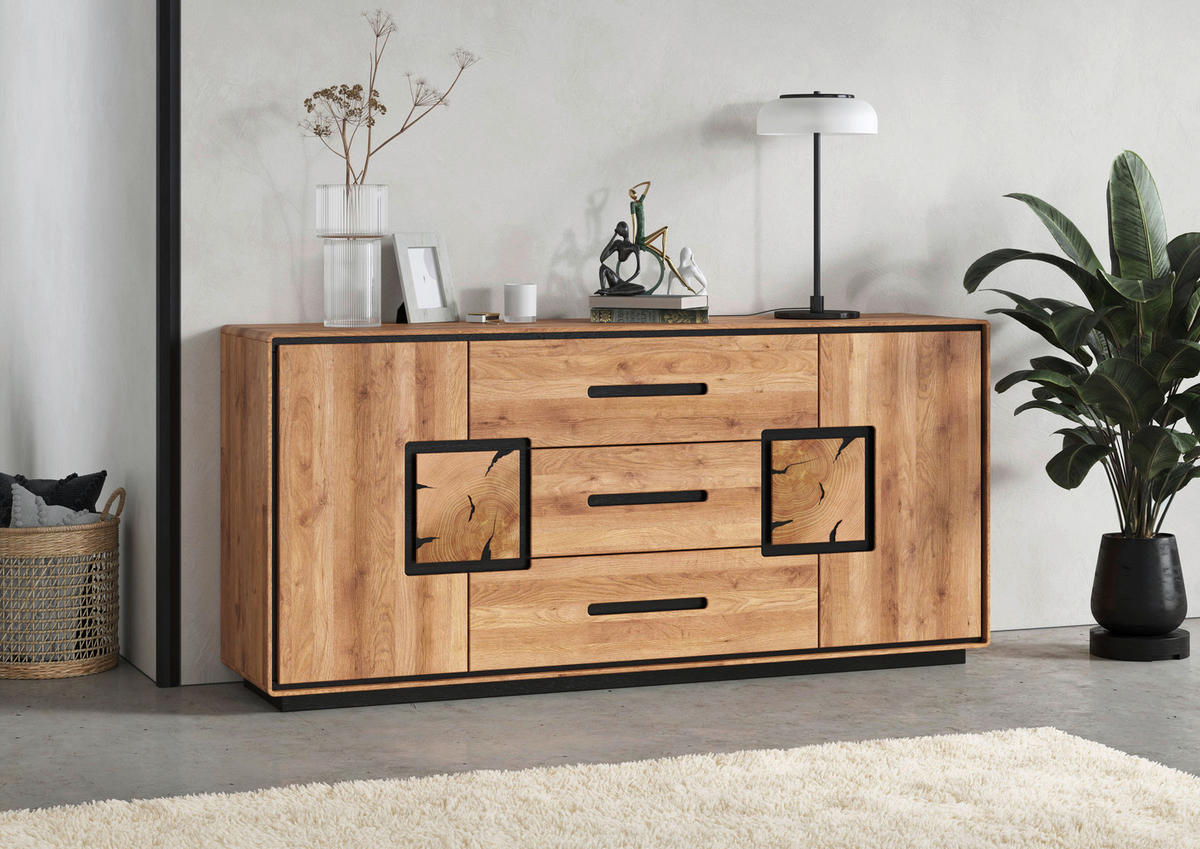SIDEBOARD  166/77/40 cm 3 Schublade(n)  - Wildeiche/Schwarz, Basics, Holz (166/77/40cm) - Livetastic