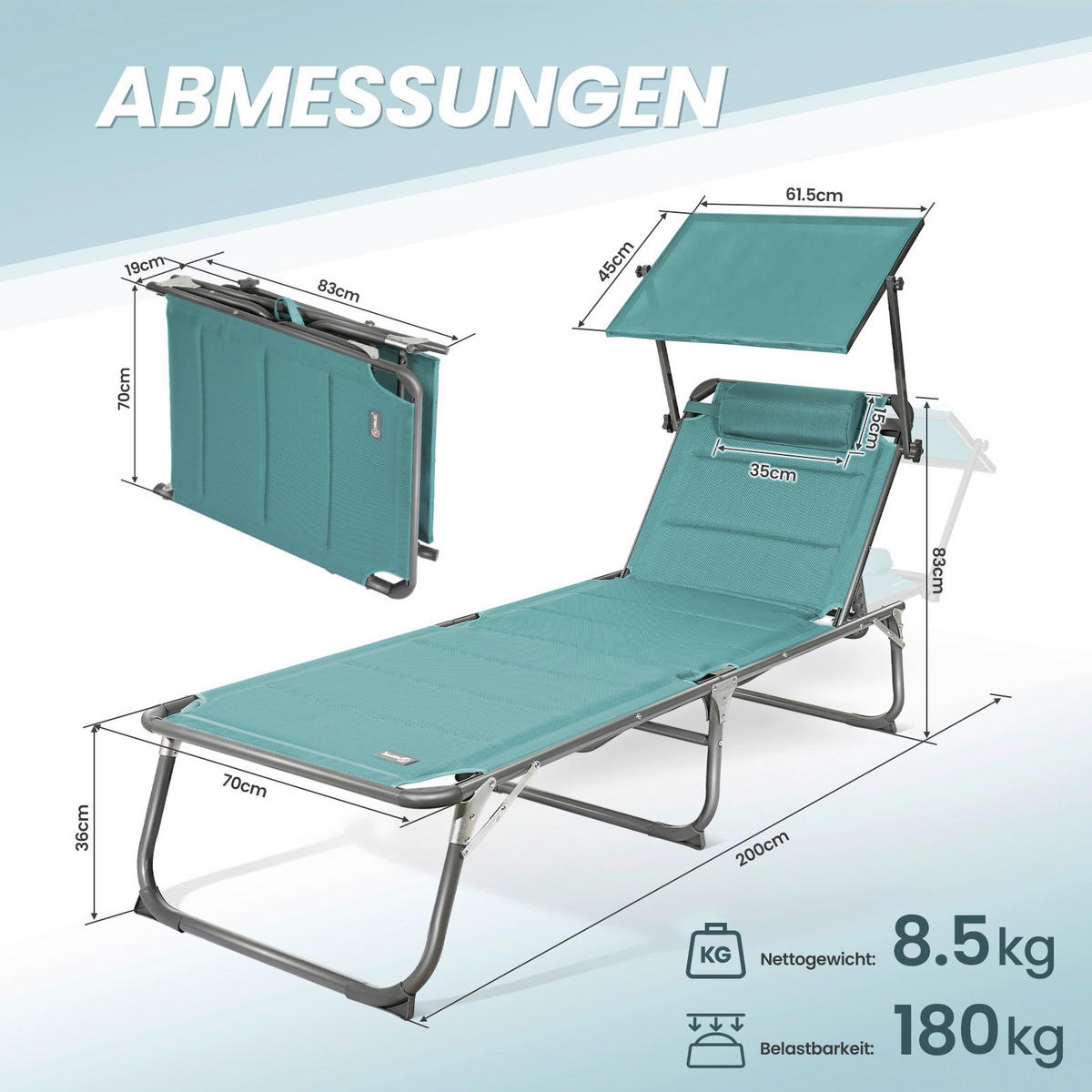 SONNENLIEGE 70/36/200 cm  - Grau/Mintgrün, Basics, Textil/Metall (70/36/200cm) - Modante