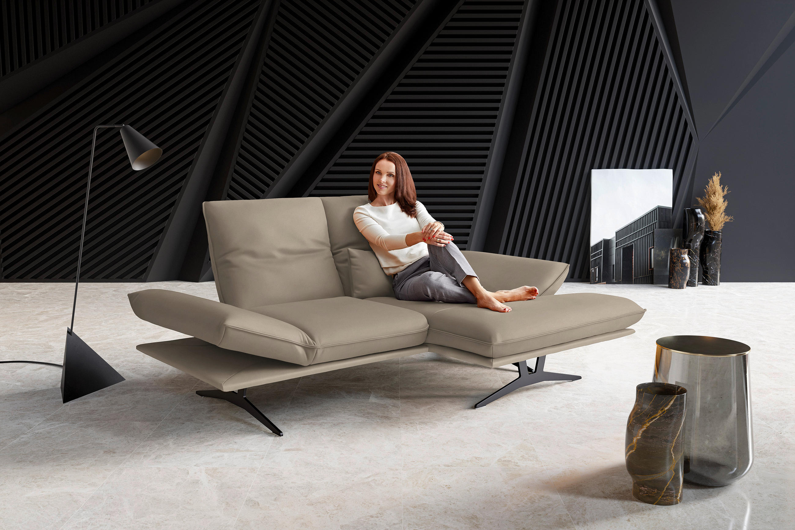 ECKSOFA in Echtleder Sandfarben  - Sandfarben/Schwarz, Design, Leder/Metall (210/130cm) - Dieter Knoll