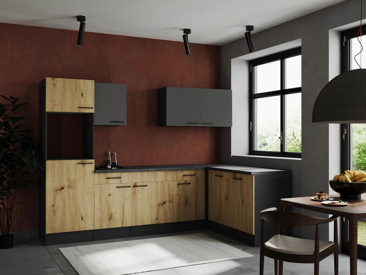 HÖRNKÖK 280/172 cm  i grå, ek Artisan  - svart/grå, Design, metall/trämaterial (280/172cm) - Respekta