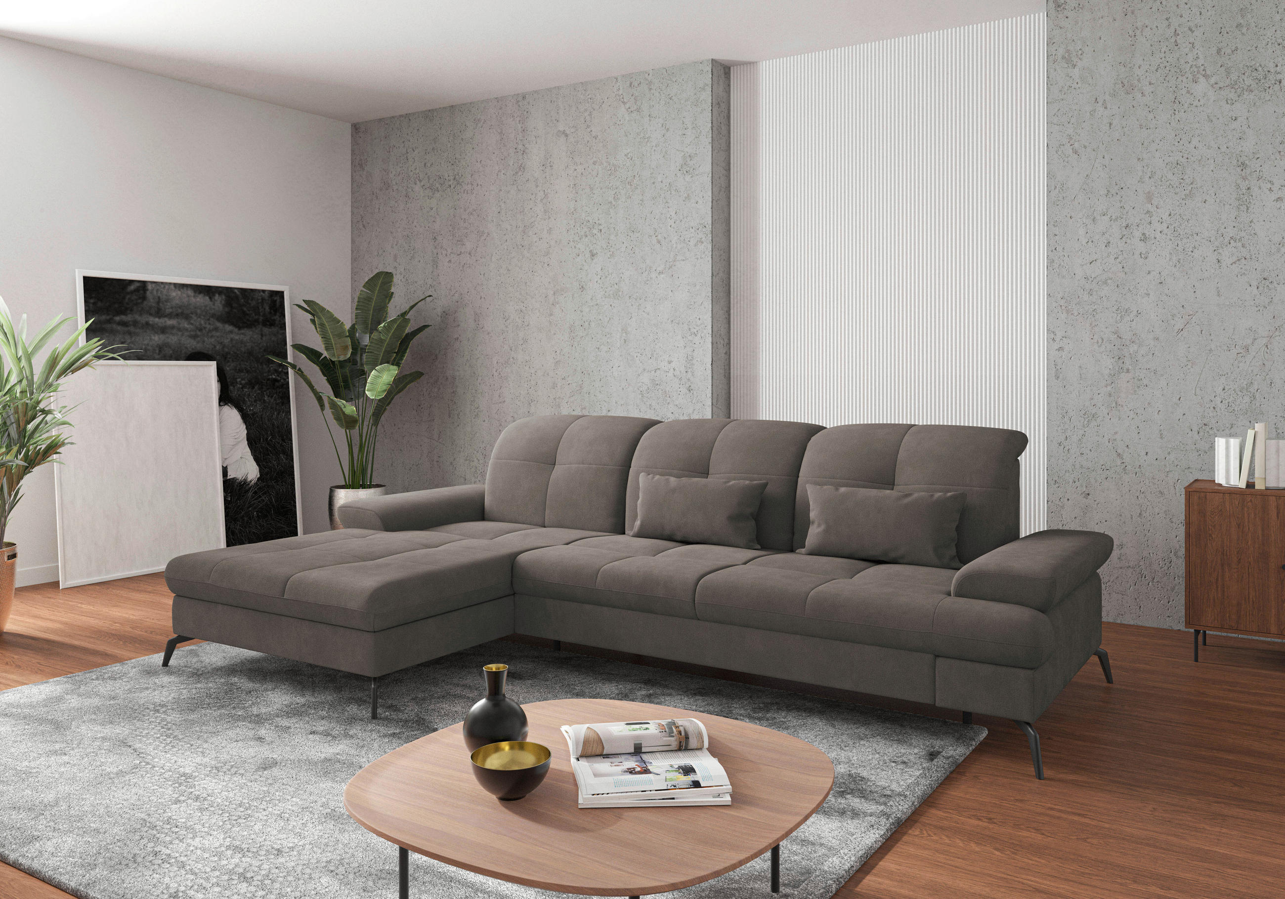 ECKSOFA Schlammfarben Flachgewebe  - Schlammfarben/Schwarz, KONVENTIONELL, Textil/Metall (185/279cm) - Sit & More