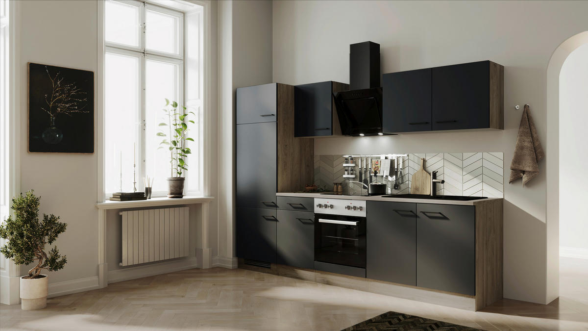 KÜCHENBLOCK 270 cm   in Schwarz, Eichefarben  - Eichefarben/Schwarz, Basics, Holzwerkstoff/Metall (270cm) - FlexWell