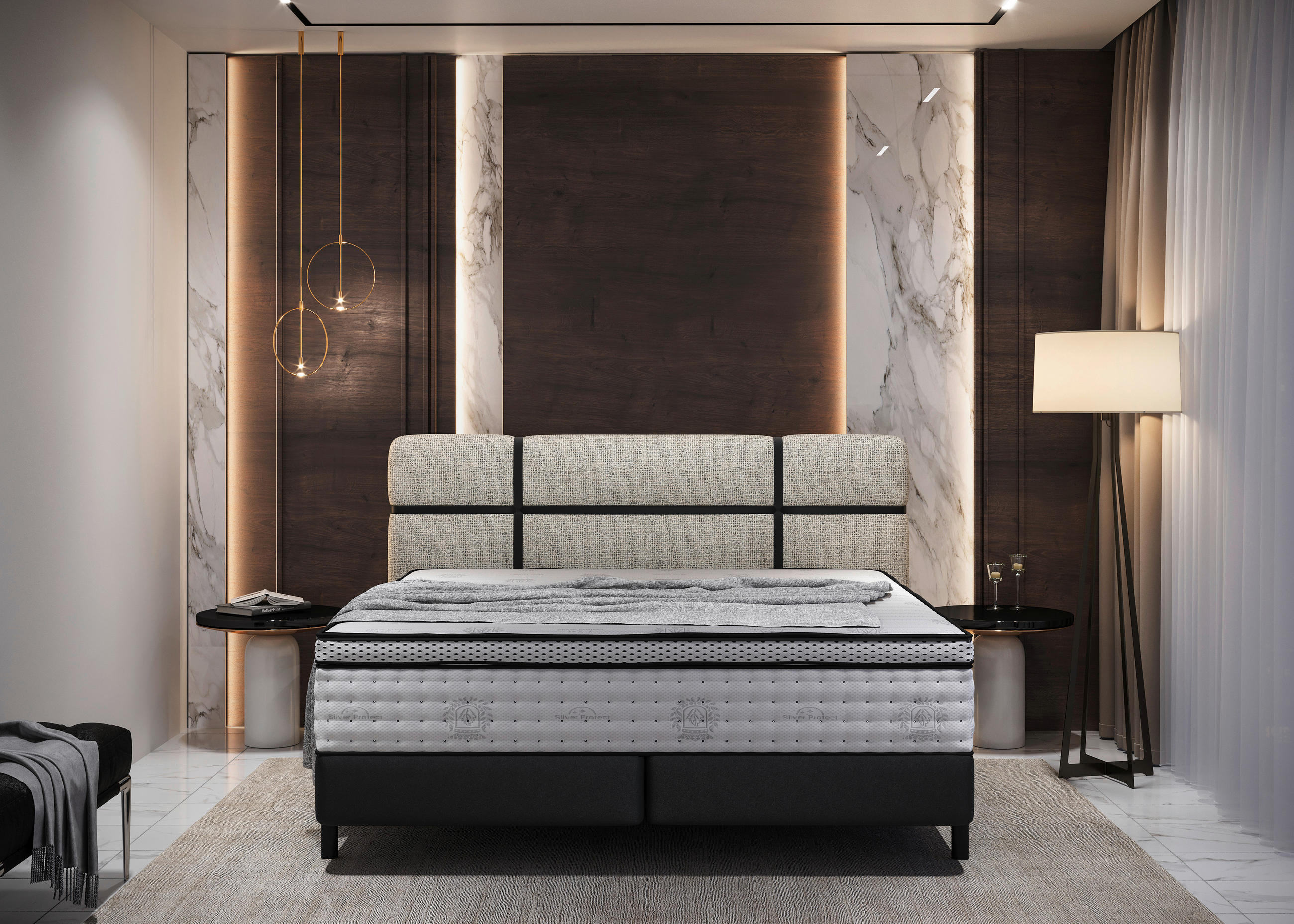 Thumbnail - Esposa Boxspringbett, Anthrazit, Creme, Textil, H3, Höhe ca. 27 cm, 180x200 cm, gepolstertes Kopfteil, Stoffauswahl, in ...