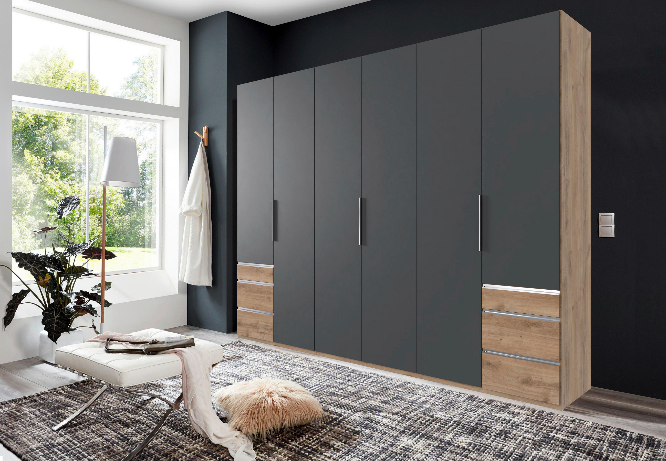 DREHTÜRENSCHRANK 300/236/58 cm,  in Graphitfarben, Eichefarben, 6-türig  - Chromfarben/Plankeneiche, MODERN, Holzwerkstoff (300/236/58cm) - MID.YOU