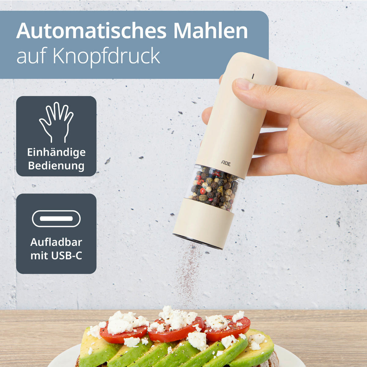ELEKTR. SALZ-/PFEFFERMÜHLE  - Creme, Basics, Kunststoff/Metall (3,8/3,8/14cm) - ADE