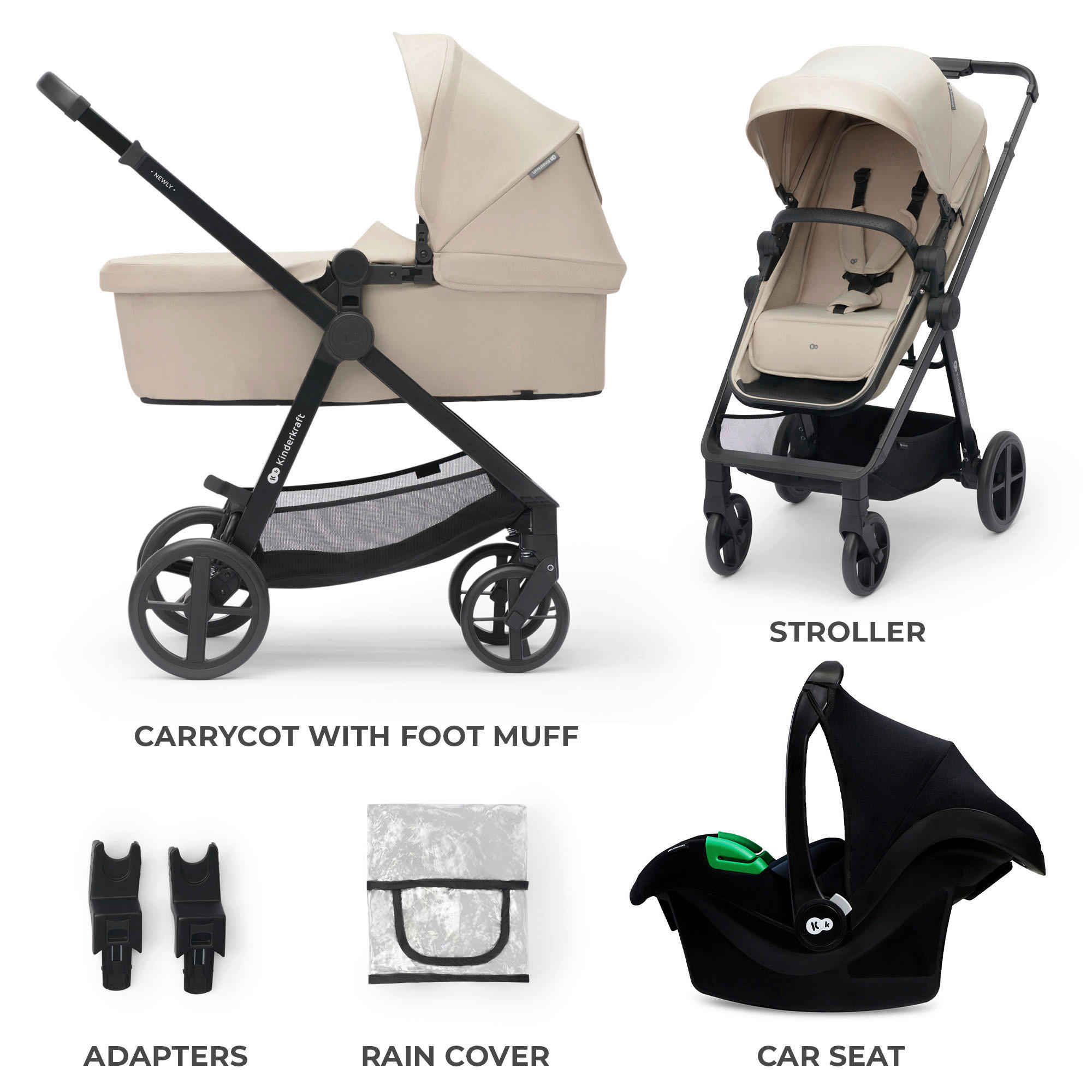 KINDERWAGENSET Newly 4 in 1  - Beige/Schwarz, Basics, Metall (54/100/94cm) - kinderkraft