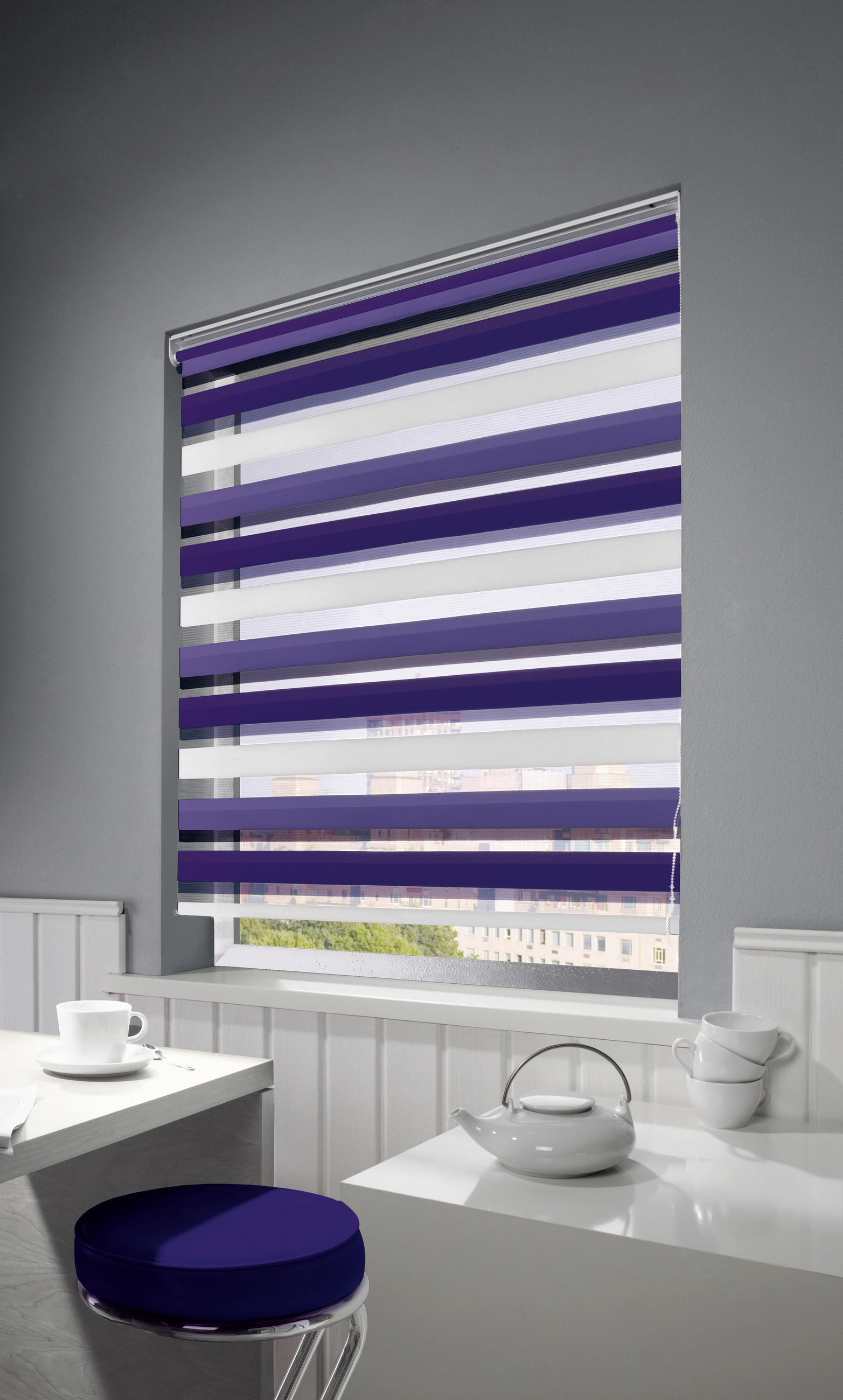 DOPPELROLLO  halbtransparent  140/160 cm    - Violett/Weiß, Basics, Textil (140/160cm)