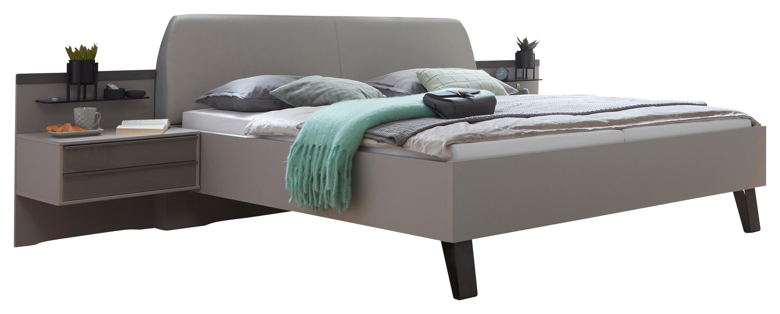 POSTEL S NOČNÍMI STOLKY, 180/200 cm, hnědá, šedá - šedá/hnědá, Design, kompozitní dřevo/textil (180/200cm) - Dieter Knoll