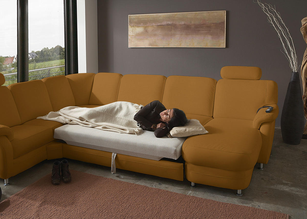 WOHNLANDSCHAFT Echtleder Senfgelb  - Senfgelb/Alufarben, Konventionell, Leder/Metall (239/329/165cm) - Beldomo Premium
