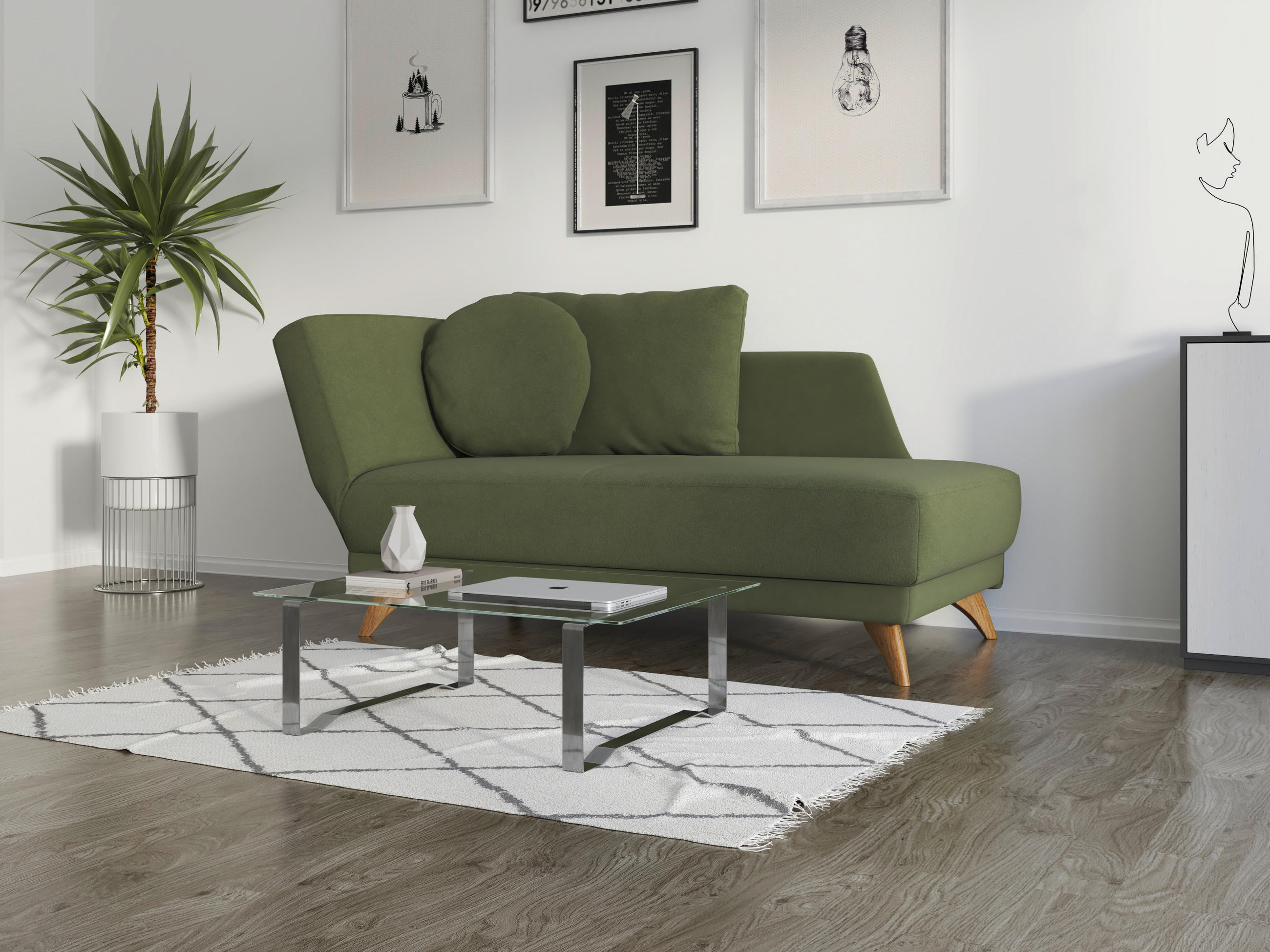 RÉCAMIERE in Flachgewebe Dunkelgrün  - Dunkelgrün/Eichefarben, MODERN, Holz/Textil (205/74/94cm) - Bali