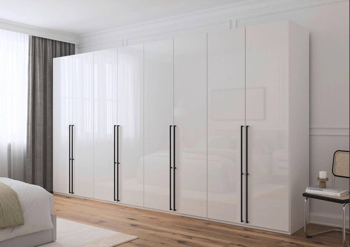 DREHTÜRENSCHRANK 400/235/61 cm,  in Weiß, Weiß Hochglanz, 8-türig  - Weiß Hochglanz/Schwarz, Basics, Holzwerkstoff/Metall (400/235/61cm) - Novel