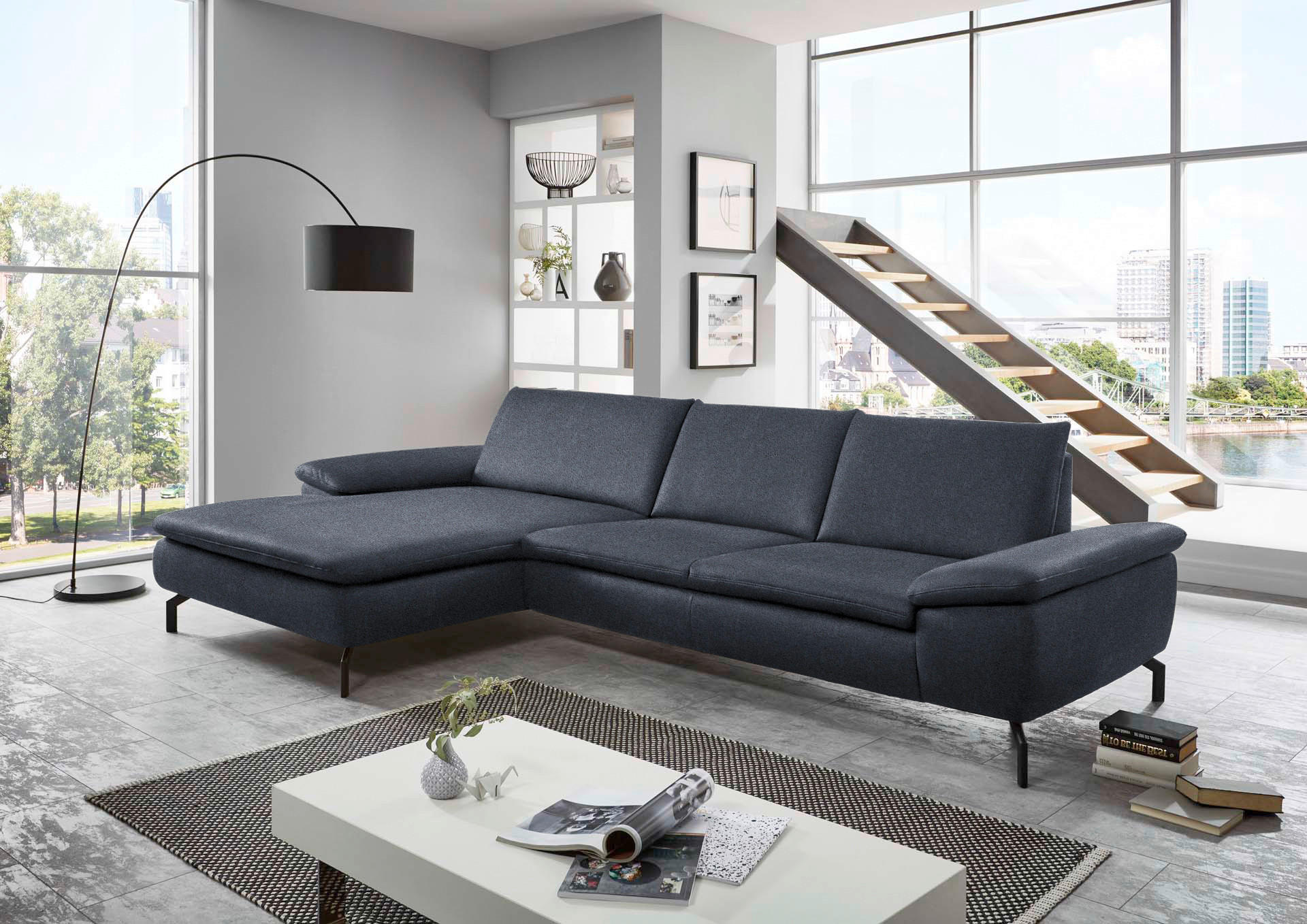 ECKSOFA Dunkelblau Mikrofaser  - Schwarz/Dunkelblau, Design, Textil/Metall (181/341cm) - Dieter Knoll