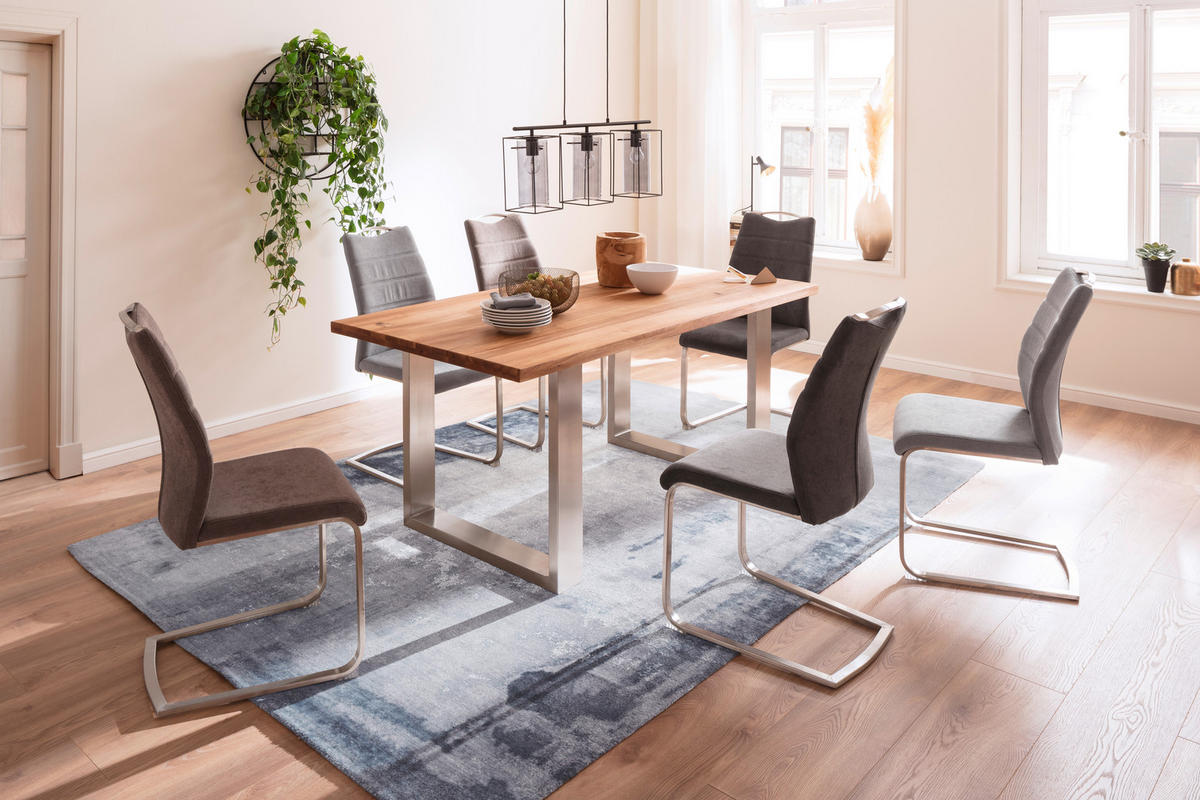 ESSTISCH Balkeneiche massiv rechteckig  - Edelstahlfarben, Design, Holz/Metall (180/90/77cm) - Livetastic