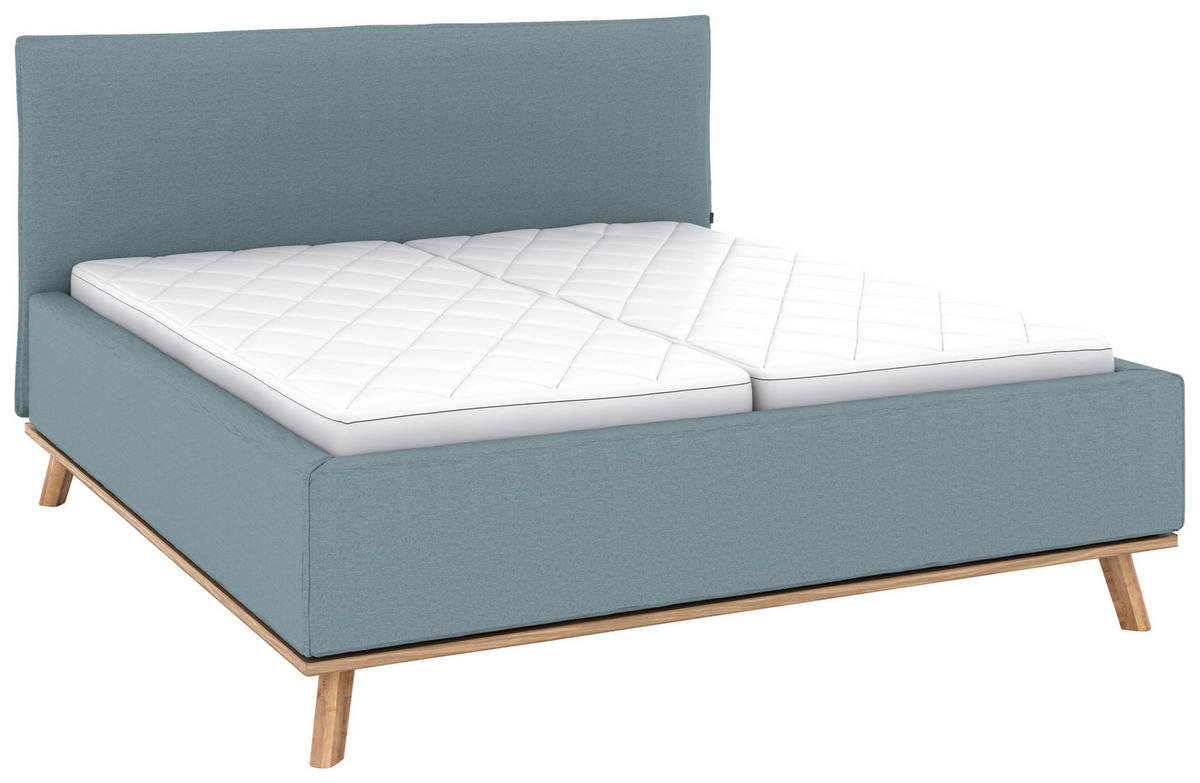POLSTERBETT 180/200 cm,  in Blau, Matratze, Lattenrost, Bettkasten, unterschiedliche Matratzenhärtegrade je Bettseite, H2 + H3 = mittel + fest  - Blau/Eichefarben, Design, Holz/Textil (180/200cm) - Musterring
