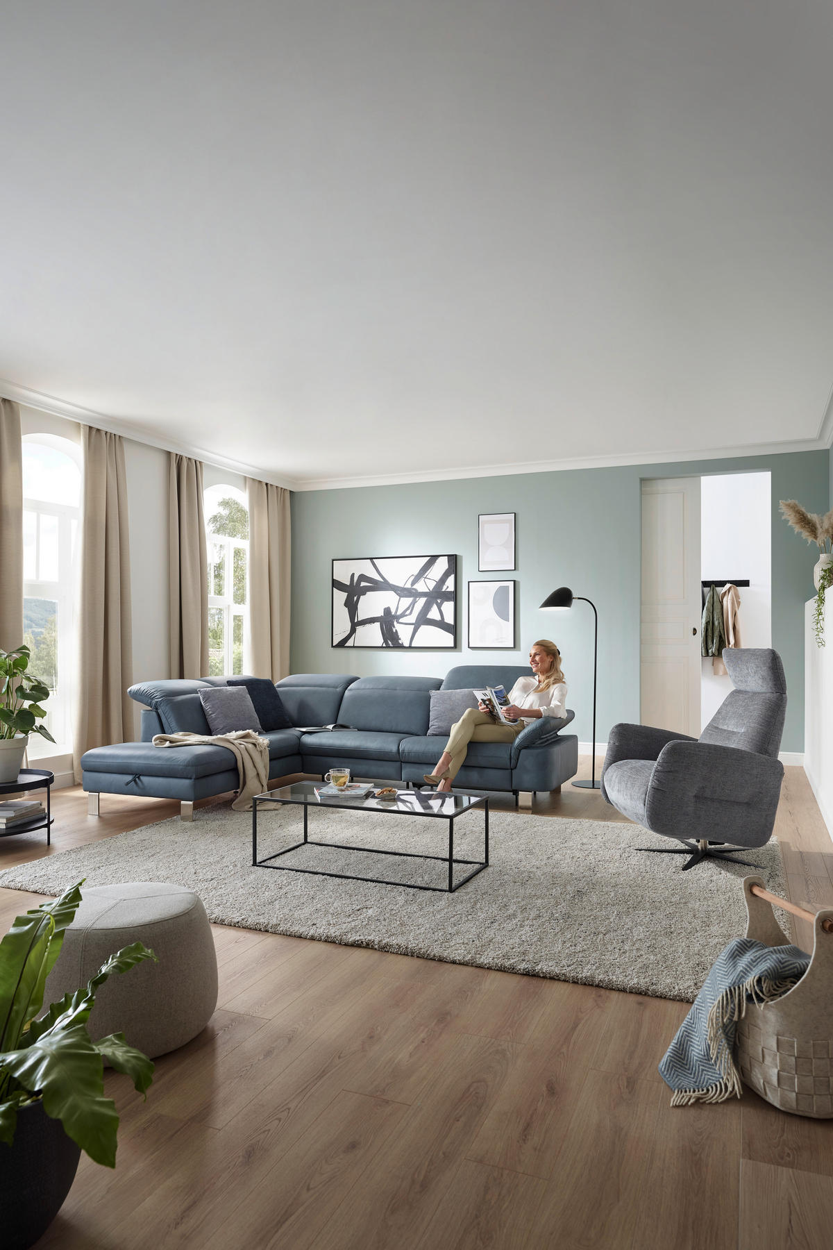 ECKSOFA in Echtleder Blaugrau  - Edelstahlfarben/Blaugrau, Design, Leder/Metall (309/233cm) - Dieter Knoll