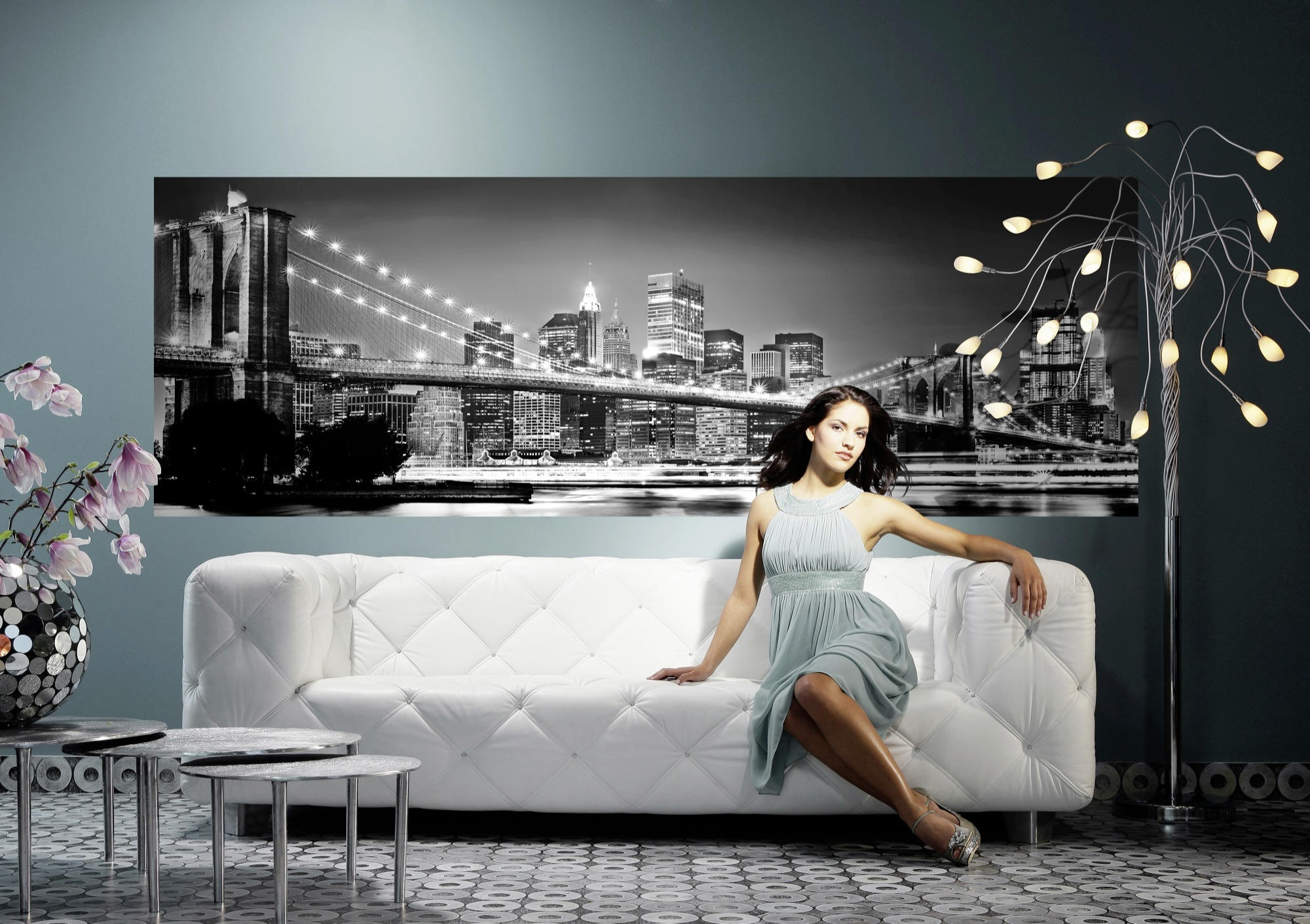 FOTOTAPETE Brooklyn Bridge  - Schwarz/Weiß, LIFESTYLE, Papier (368/127cm) - Komar