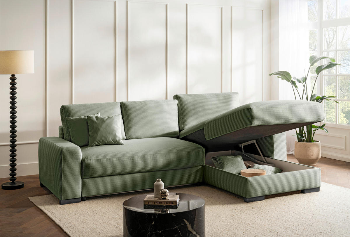 ECKSCHLAFSOFA Cord Mintgrün  inkl. Zierkissen, Rückenkissen, Schlaffunktion, Topper, Stauraum, Liegefläche im Originalstoff  - Schwarz/Mintgrün, Design, Holz/Textil (264/184cm) - Stylife