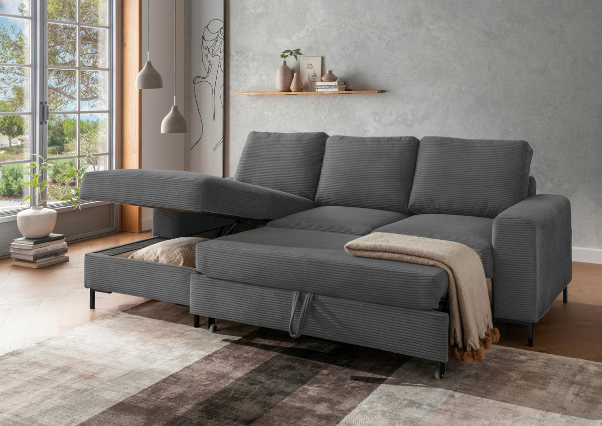 ECKSCHLAFSOFA  mit Rücken echt Cord Grau  - Schwarz/Grau, KONVENTIONELL, Textil/Metall (143/237cm) - Livetastic
