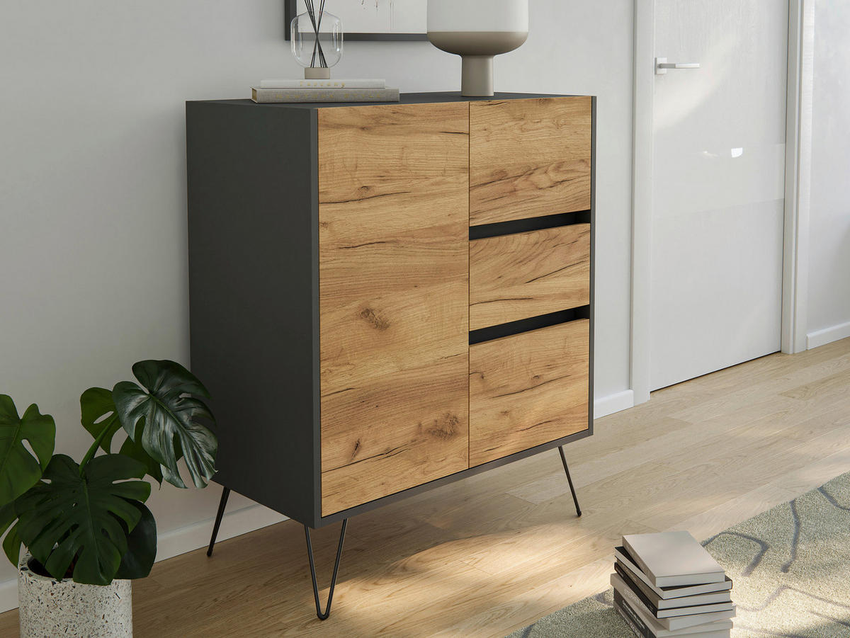 SIDEBOARD Posseik Industrial  in 79/93,6/40,6 cm  - Eichefarben/Graphitfarben, Design, Holzwerkstoff/Metall (79/93,6/40,6cm) - P & B