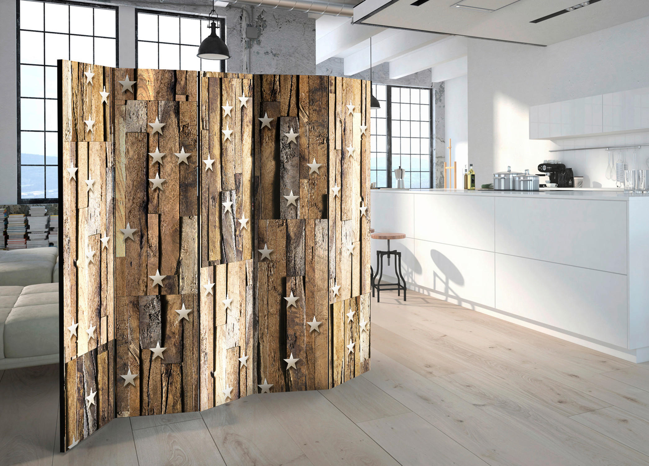 Paravent akustisch mit 5  Flügel - Hellbraun/Beige, Basics, Holz/Kunststoff (225/172/3cm) - artgeist