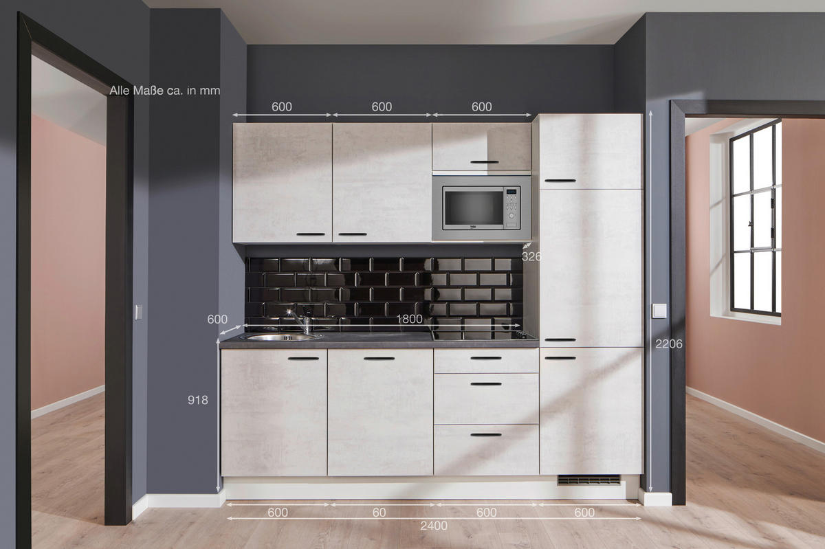 KÜCHENLEERBLOCK 240 cm   in Graphitfarben, Weiß, Hellgrau  - Hellgrau/Schwarz, Design, Holzwerkstoff/Metall (240cm) - Pino