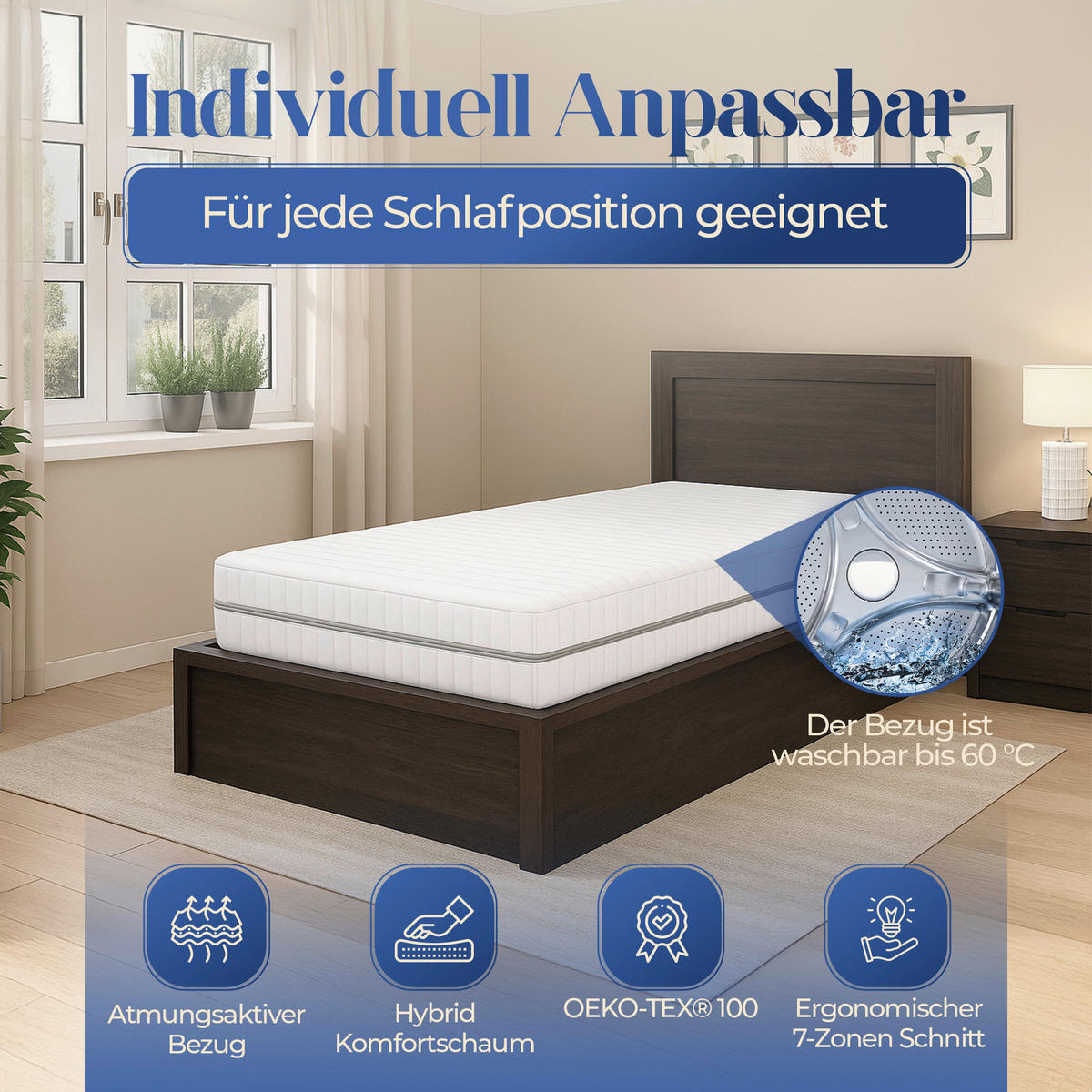 KOMFORTSCHAUMMATRATZE 80/200 cm, Höhe ca.: 16 cm, H2 + H3 = mittel + fest, 7-Zonen - Weiß, Basics, Textil (80/200cm) - Chameo