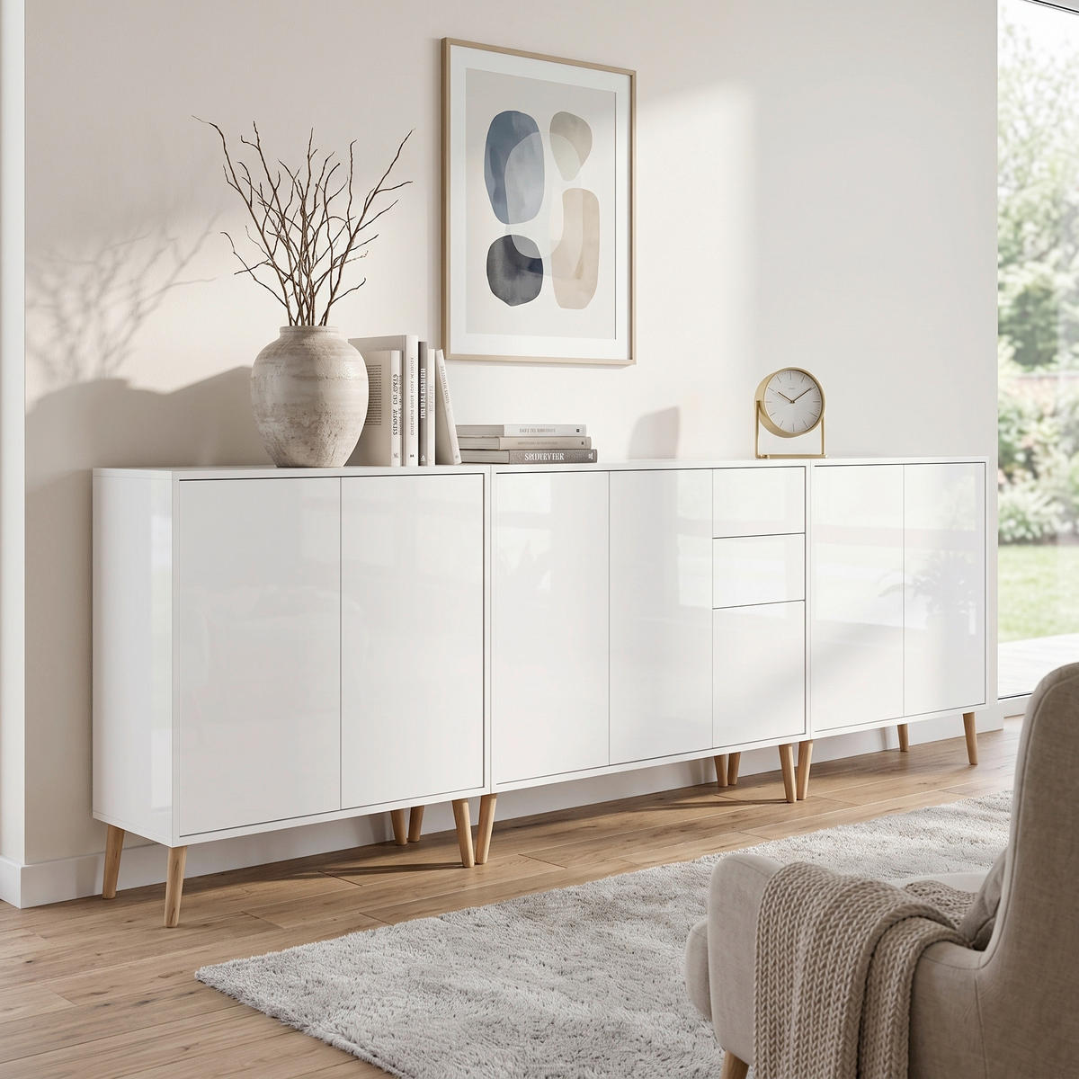 SIDEBOARD Mailand Set 6 + HF 263,5/86/33 cm 2 Schublade(n)  - Weiß Hochglanz/Weiß, MODERN, Holz/Holzwerkstoff (263,5/86/33cm) - MID.YOU