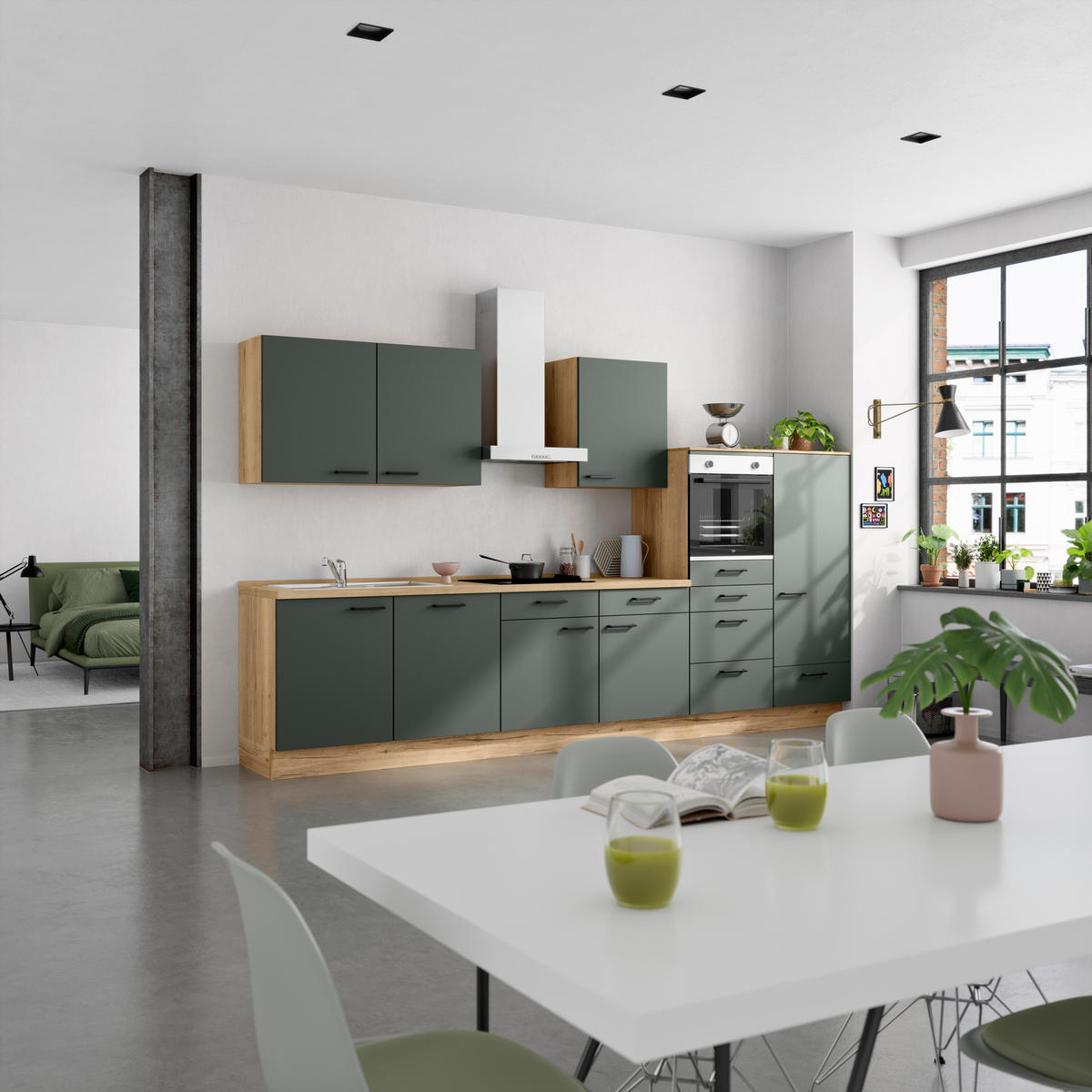 KÜCHENBLOCK Easytouch 360 cm  in Eichefarben, Dunkelgrün  - Dunkelgrün/Eichefarben, MODERN, Holzwerkstoff/Metall (360cm) - Nobilia