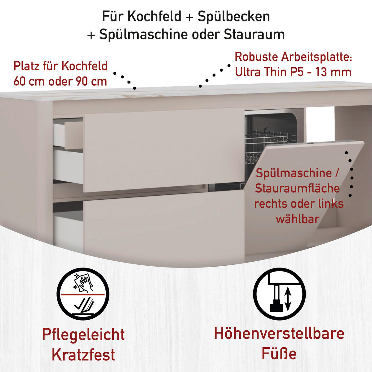 KÜCHENLEERBLOCK Curve Sable  in Weiß, Kaschmir  - Kaschmir/Weiß, MODERN, Holzwerkstoff (223,2/91,9/60cm) - home24