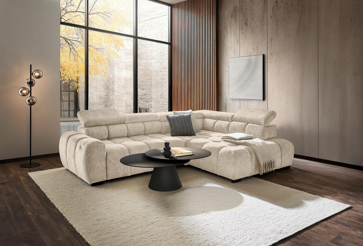 ECKSOFA inkl. Funktionen Naturfarben Webstoff  - Schwarz/Naturfarben, MODERN, Kunststoff/Textil (297/205cm) - Welnova