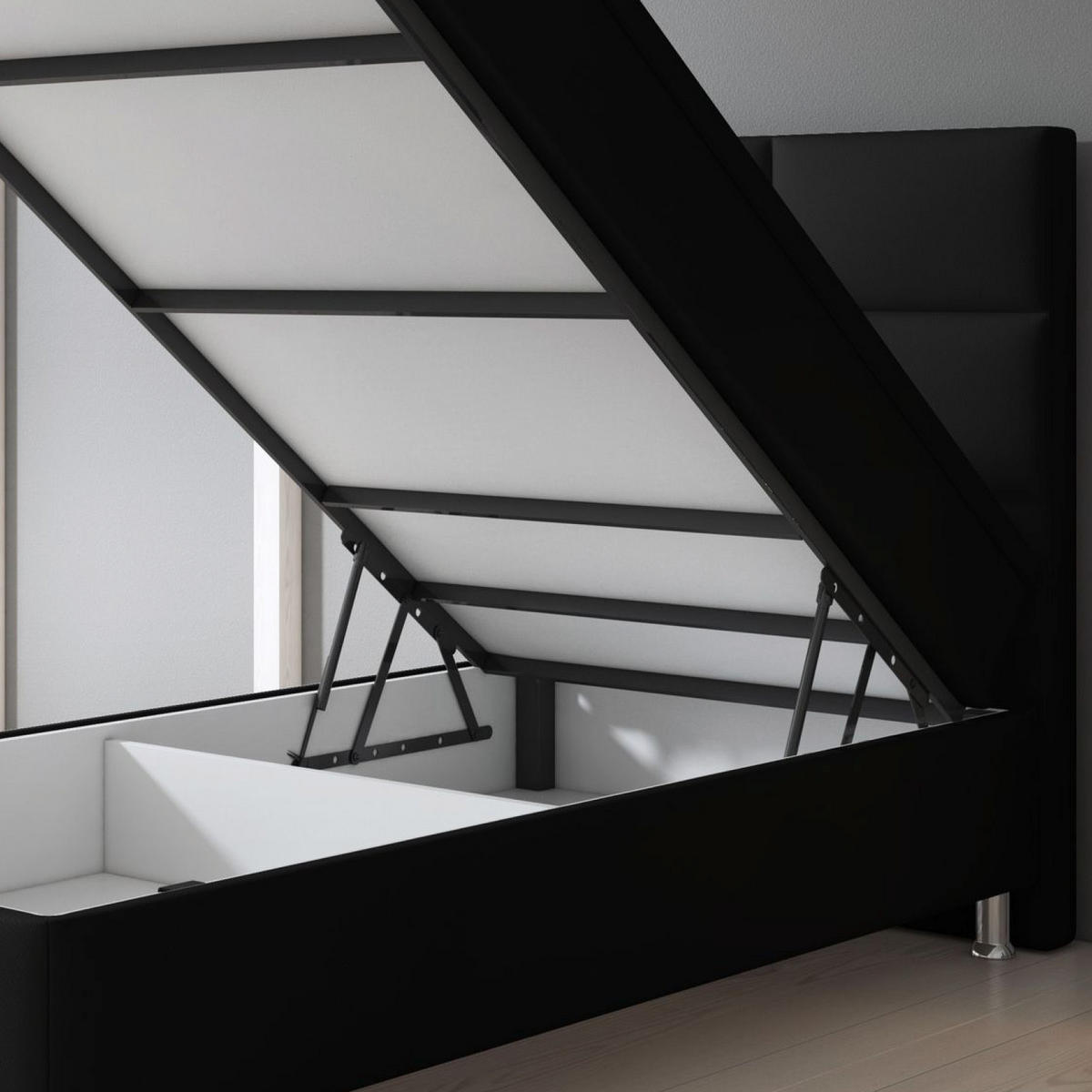 Boxspringbett mit Topper  in Schwarz  - Silberfarben/Schwarz, KONVENTIONELL, Leder/Textil (90/115/210cm) - MID.YOU