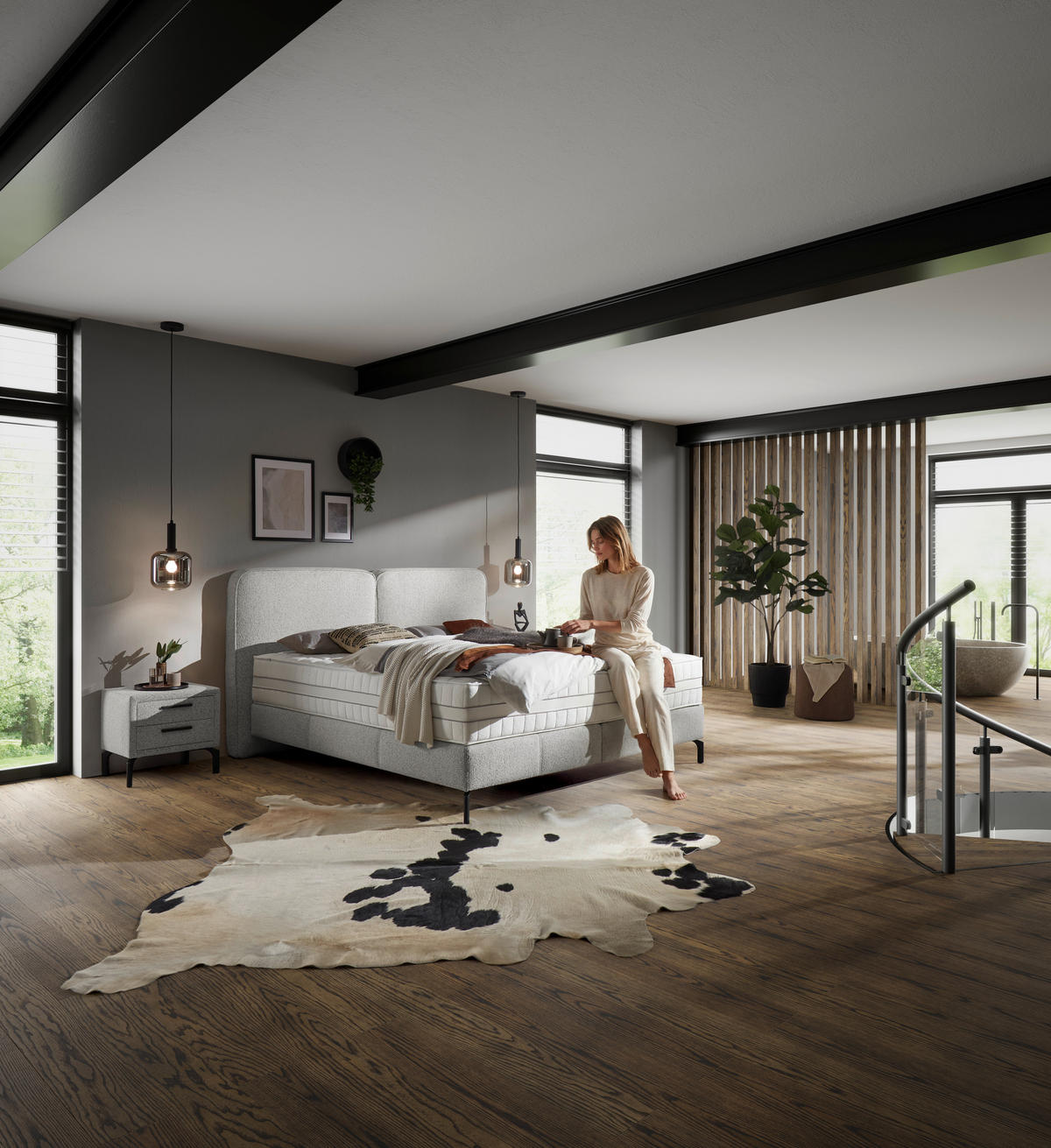 BOXSPRINGBETT 180/200 cm,  in Hellgrau, H2 + H3 = mittel + fest  - Hellgrau/Schwarz, KONVENTIONELL, Textil/Metall (180/200cm) - Voleo