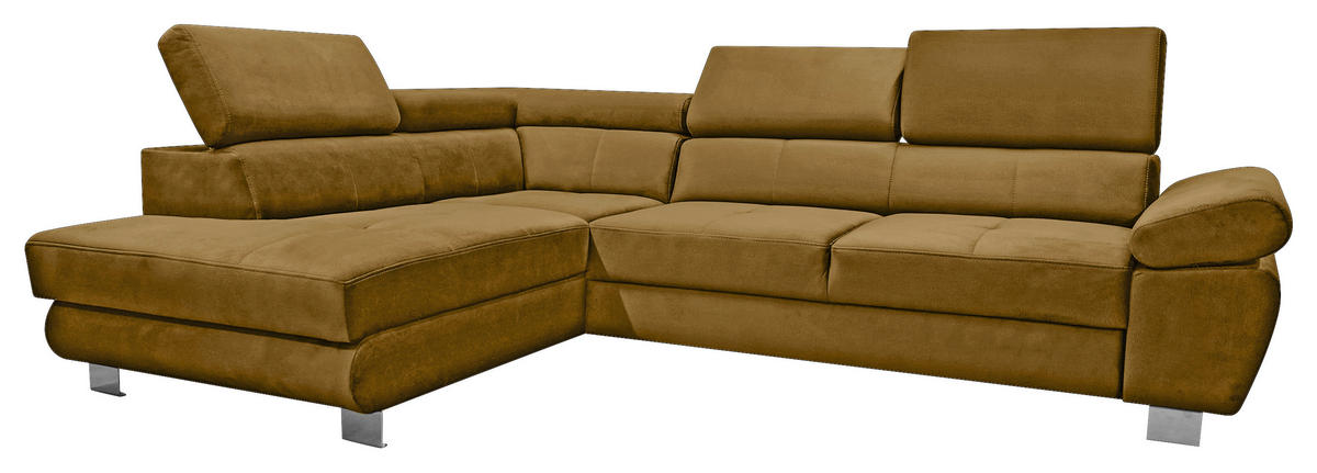 ECKSOFA Senfgelb Webstoff Bettkasten, Schlaffunktion, Rücken echt, Armteilverstellung, Kopfteilverstellung  - Chromfarben/Senfgelb, MODERN, Textil/Metall (205/278cm) - Stylife