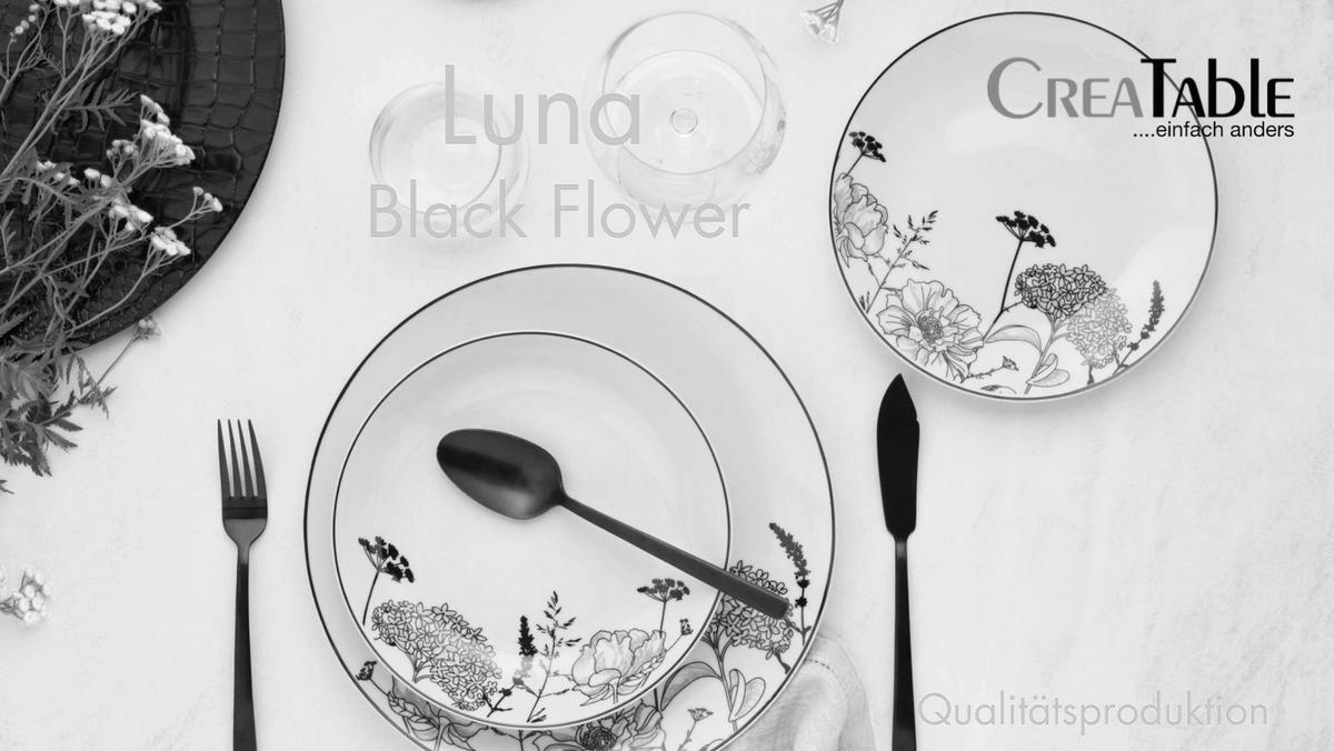 TAFELSERVICE Schwarz, Grauweiß 18-teilig Luna Black flower  - Grauweiß/Schwarz, Basics, Keramik - Creatable