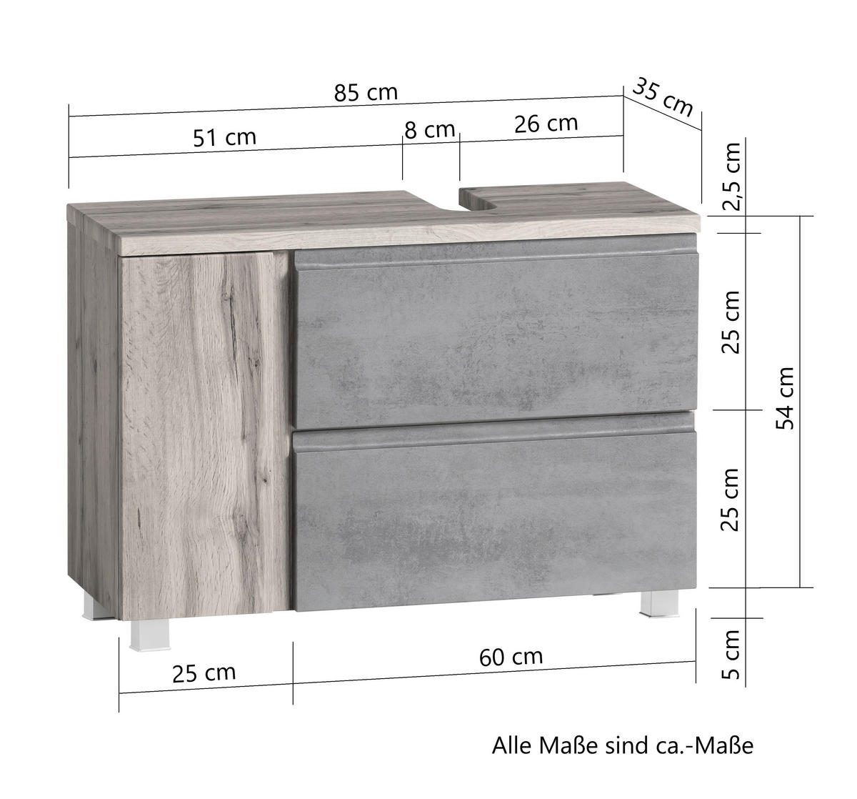 SKRINKA POD UMÝVADLO, 85/56/35 cm - svetlosivá/dub wotan, Modern, kompozitné drevo (85/56/35cm) - Held